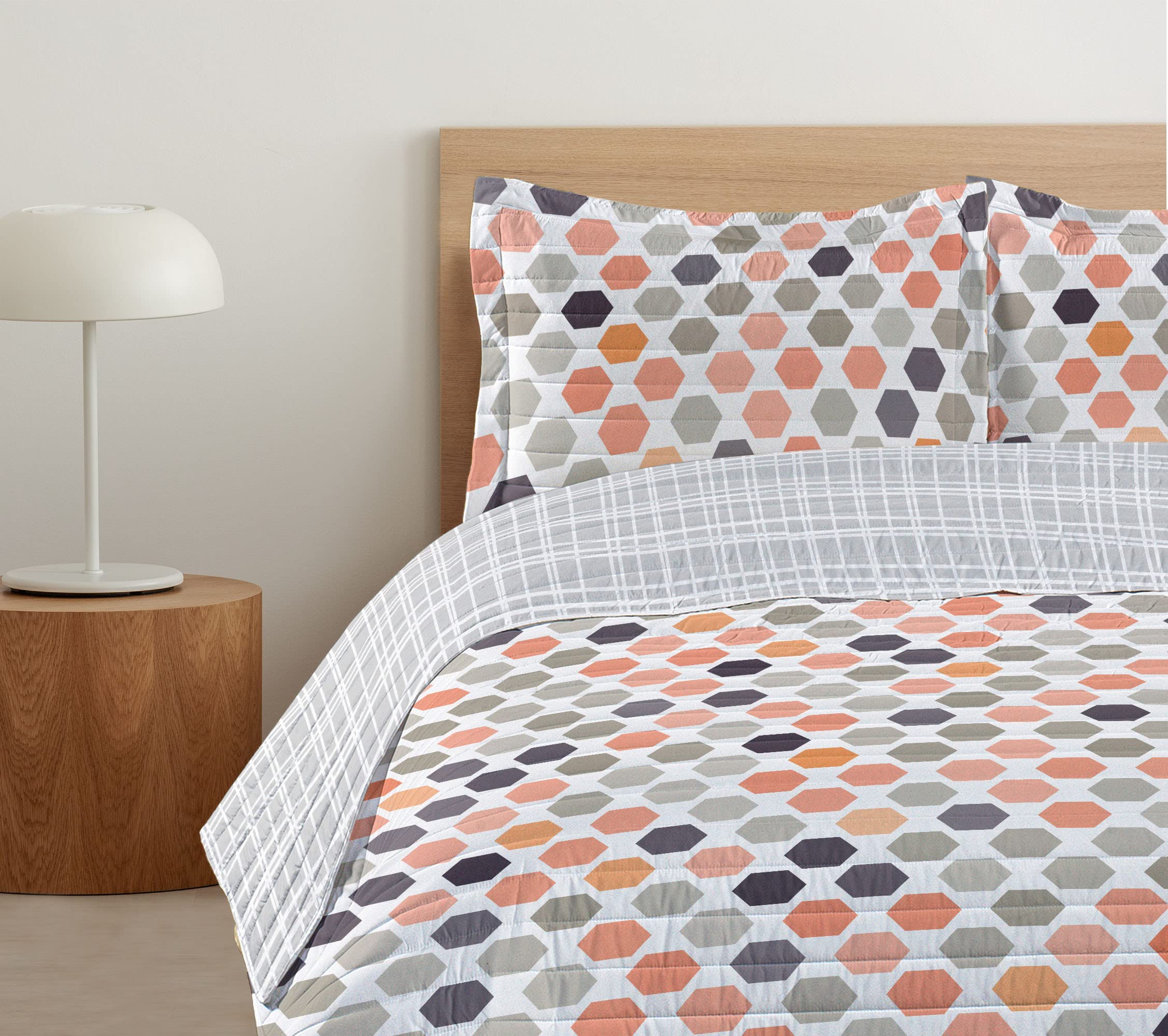 Ambesonne Reversible King Size Bedspread Set - Geometric Abstract Zigzag Hexagon Design in Dark Peach, Microfiber Comforter & Pillow Shams | Perfect for Modern Bedroom Decor, Guest Room Styling & Cozy Home Makeover