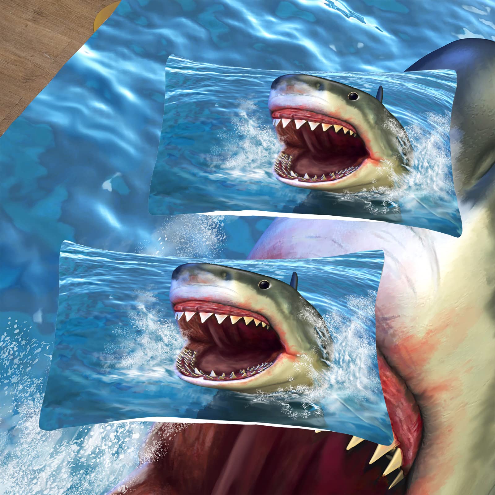 Big Shark Comforter Set for Boys & Teens - Full Size Shark Bedding with 1 Comforter & 2 Pillowcases - Blue Ocean Theme Shark Mouth Design - Perfect for Kids Bedroom, Dorm Room & Shark Lovers