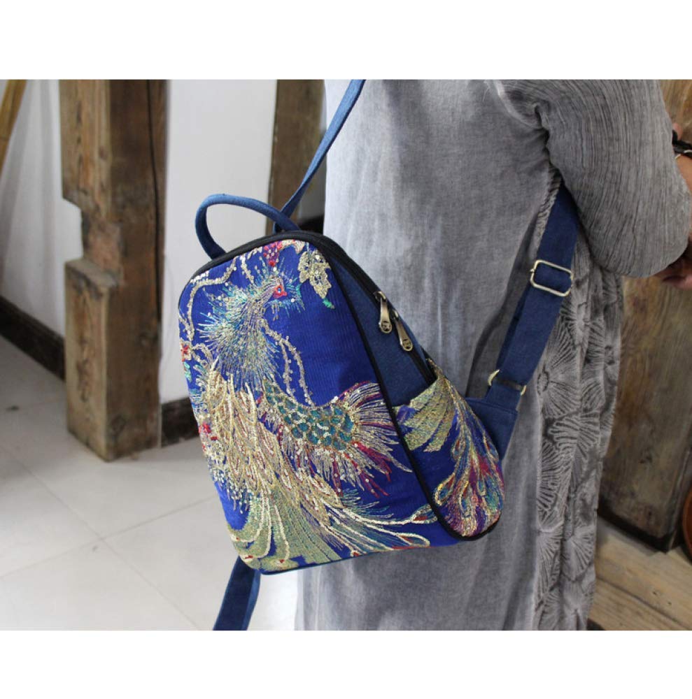 Stylish Women's Peacock Sequin Embroidered Canvas Backpack - Large Ethnic Boho Travel Bag (33×26×11cm) for College, Work & Festival Fashion Accessory