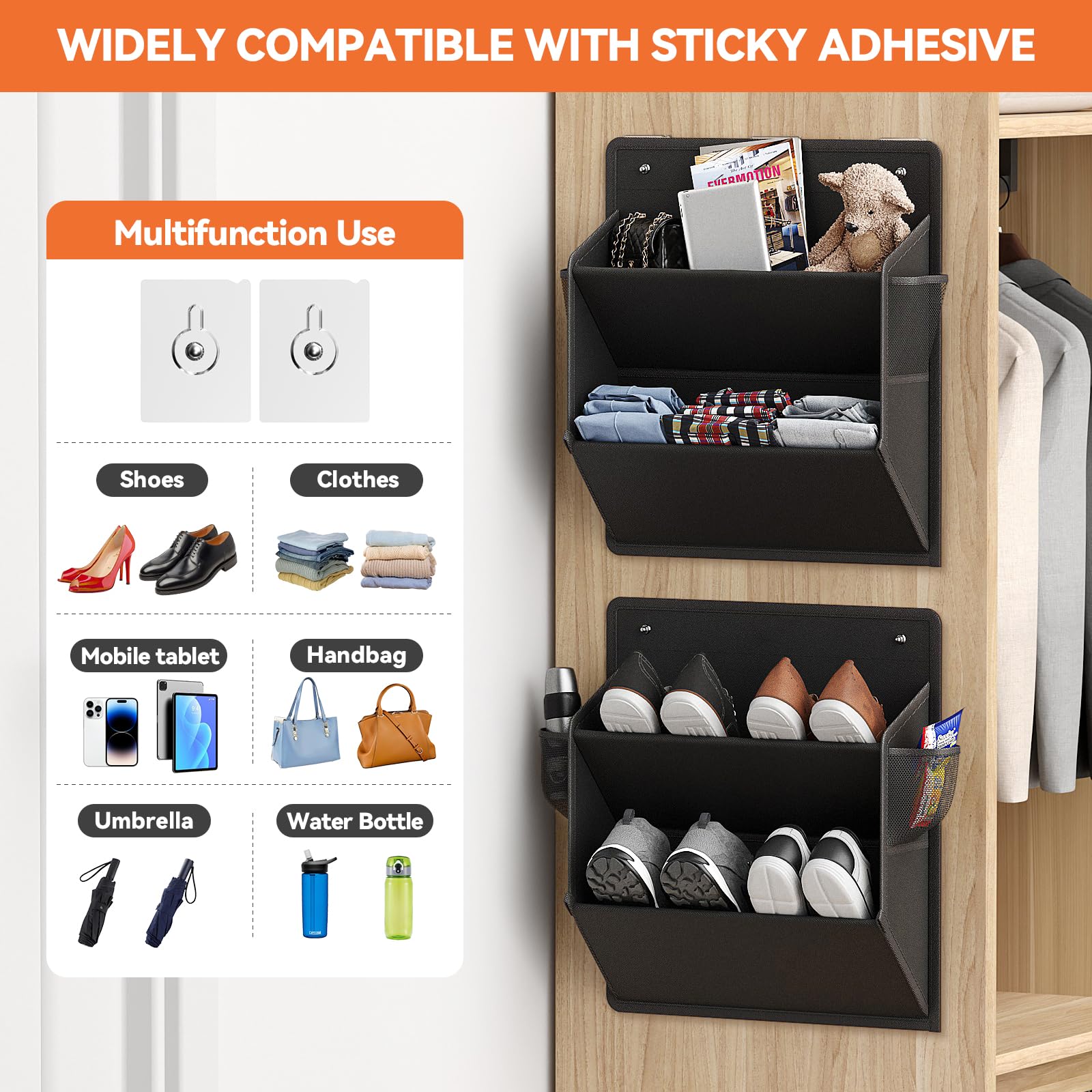 2 Pack RV Shoe Organizer with Sticky Adhesive Tape - Over The Door Hanging Shoe Rack with Deep Pockets for Campers, Space Saving Wall Mounted Closet Storage for Small Spaces - Perfect for RV, Dorm, Apartment & Closet Organization (Black)