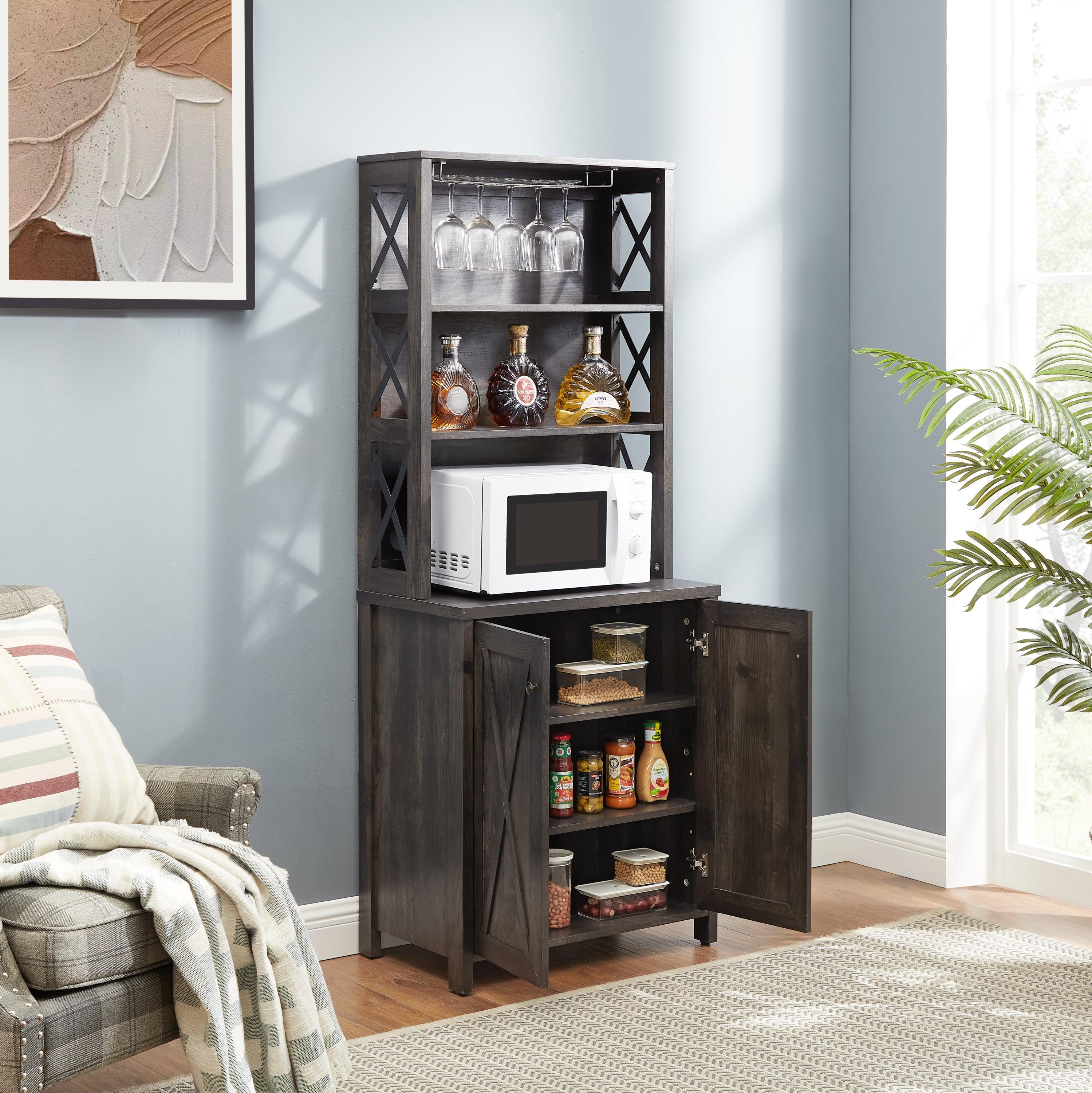 Modern Coffee Bar Cabinet with Microwave Stand - Metal Frame & Hollow Out Barn Design - 26.77