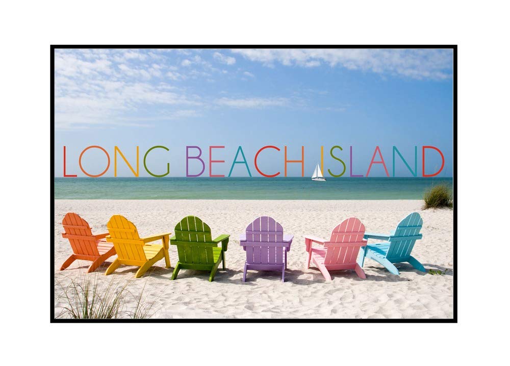 Long Beach Island Colorful Beach Chairs - 24x16 Stretched Canvas Artwork in Wooden Frame - Perfect for Coastal Living Room Decor