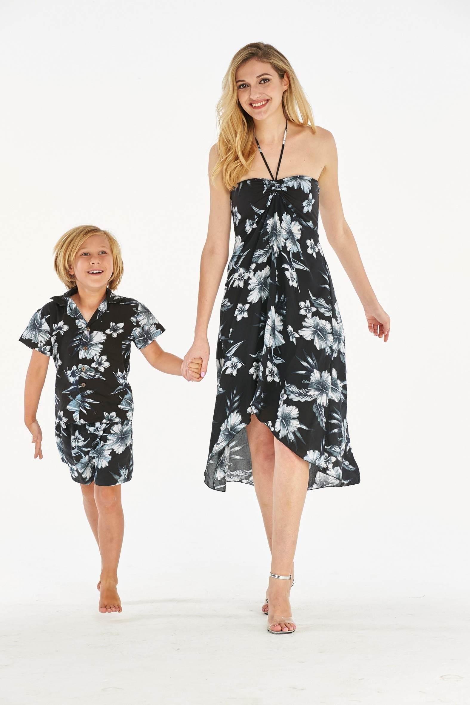 Stylish Matching Mother & Son Hawaiian Luau Outfits - Tropical Floral Aloha Shirt & Dress Set for Summer Beach Party | Perfect for Family Vacations, Luau Celebrations and Hawaiian Themed Events
