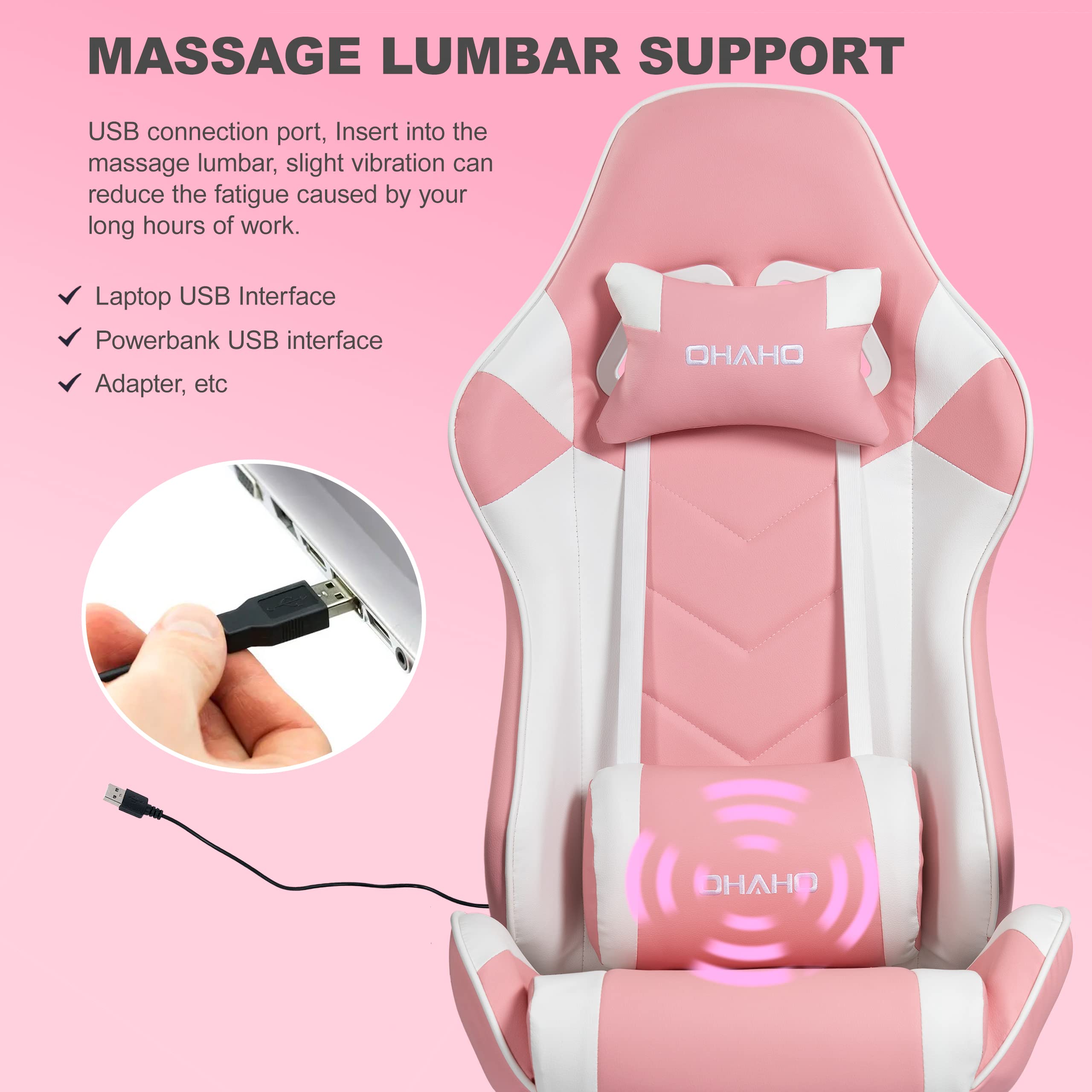 OHAHO Ergonomic Gaming Chair - Racing Style Office Chair with Adjustable Height, Lumbar Support & Massage, High Back Computer Desk Chair with Retractable Arms & Footrest for Home & Office Use (Pink/White) - Perfect for Gaming, Working & Relaxing