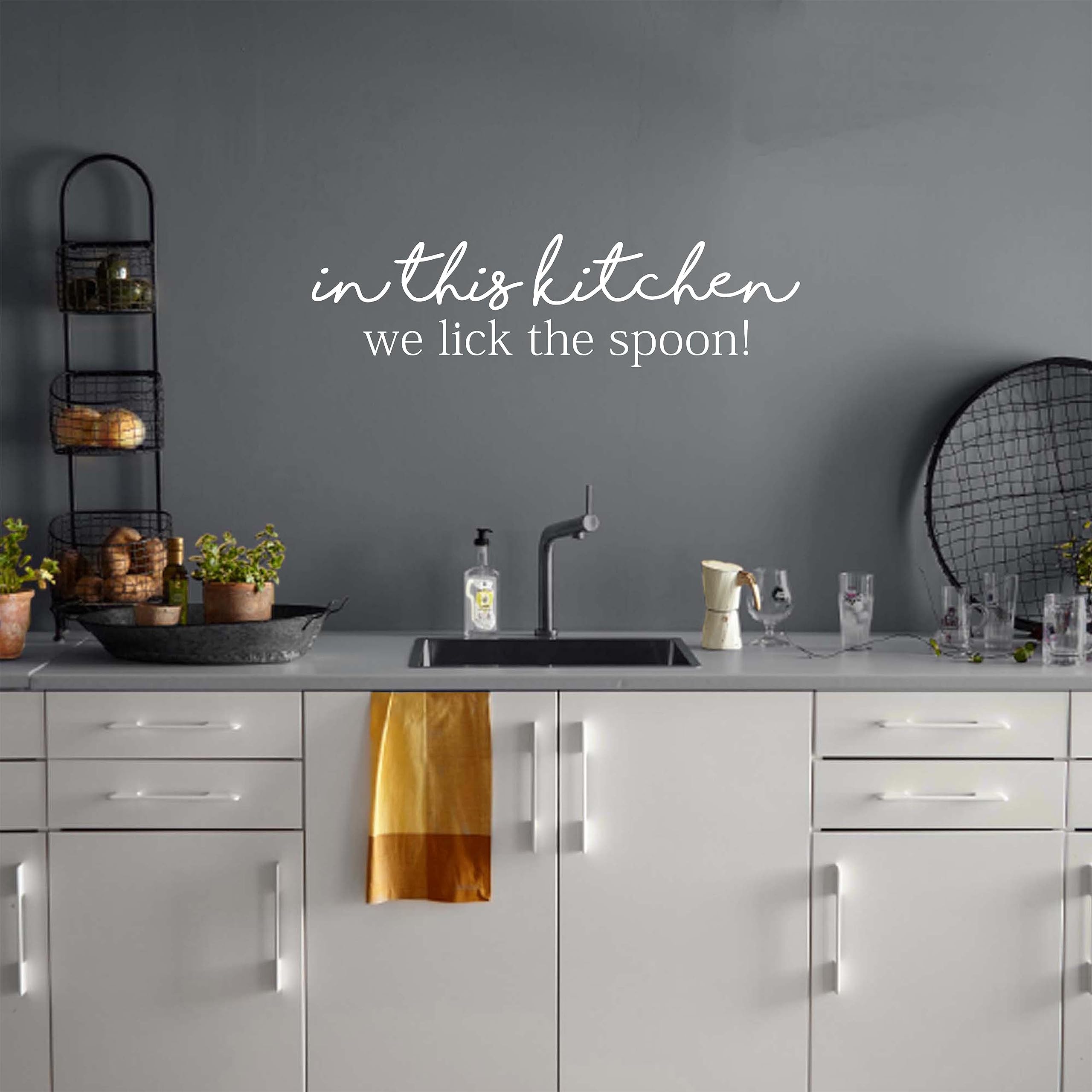 Kitchen Wall Decal Sticker - 'In This Kitchen We Lick The Spoon' Vinyl Art for Doors & Walls | White Removable Decor | Perfect for Home, Apartment & Restaurant Kitchens
