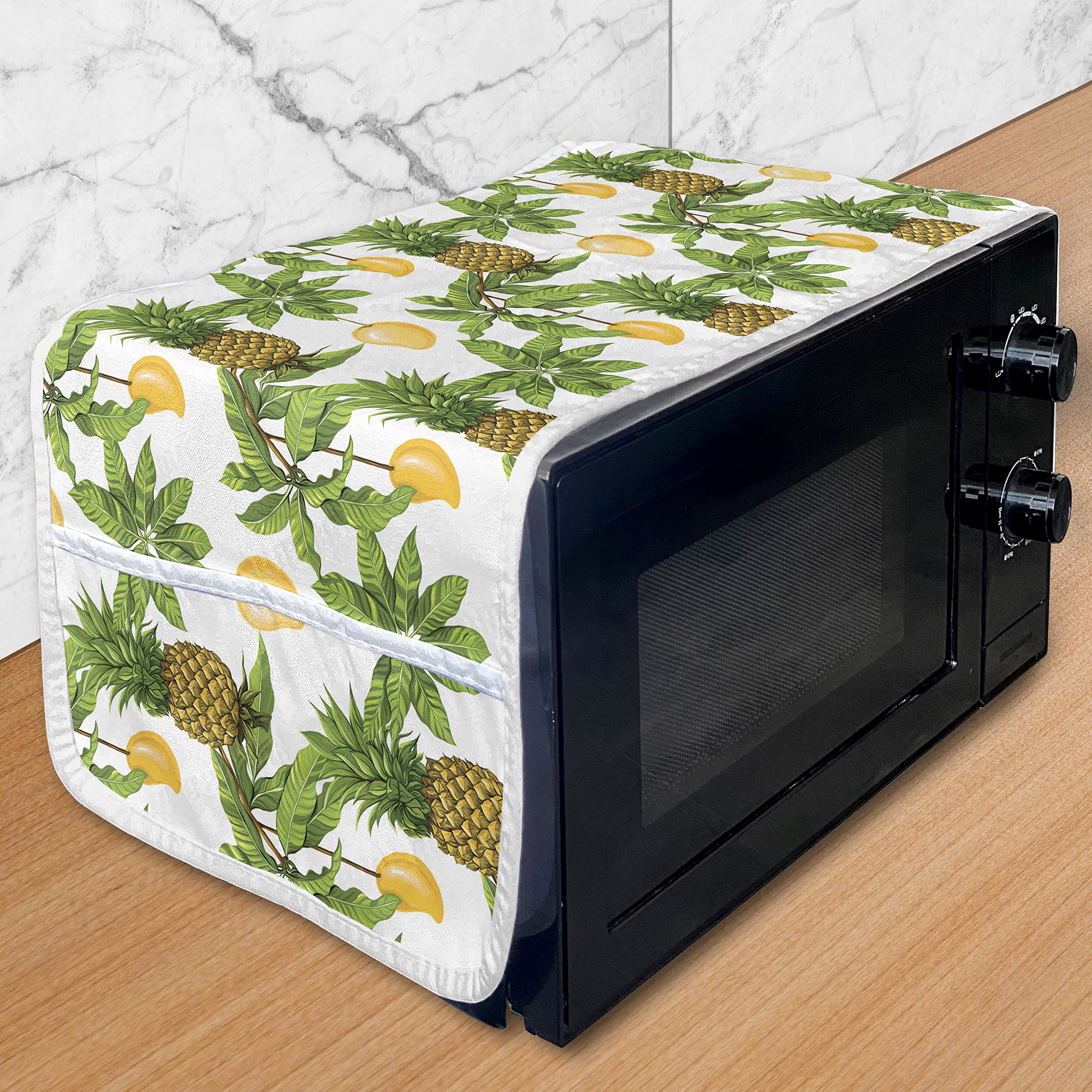 Ambesonne Tropical Microwave Cover - Pineapple Mango Leaf Design, Waterproof Kitchen Organizer with Storage Pockets, 36 x 12 Inches, White & Multicolor - Perfect for Protecting Appliances & Adding Tropical Decor to Your Kitchen