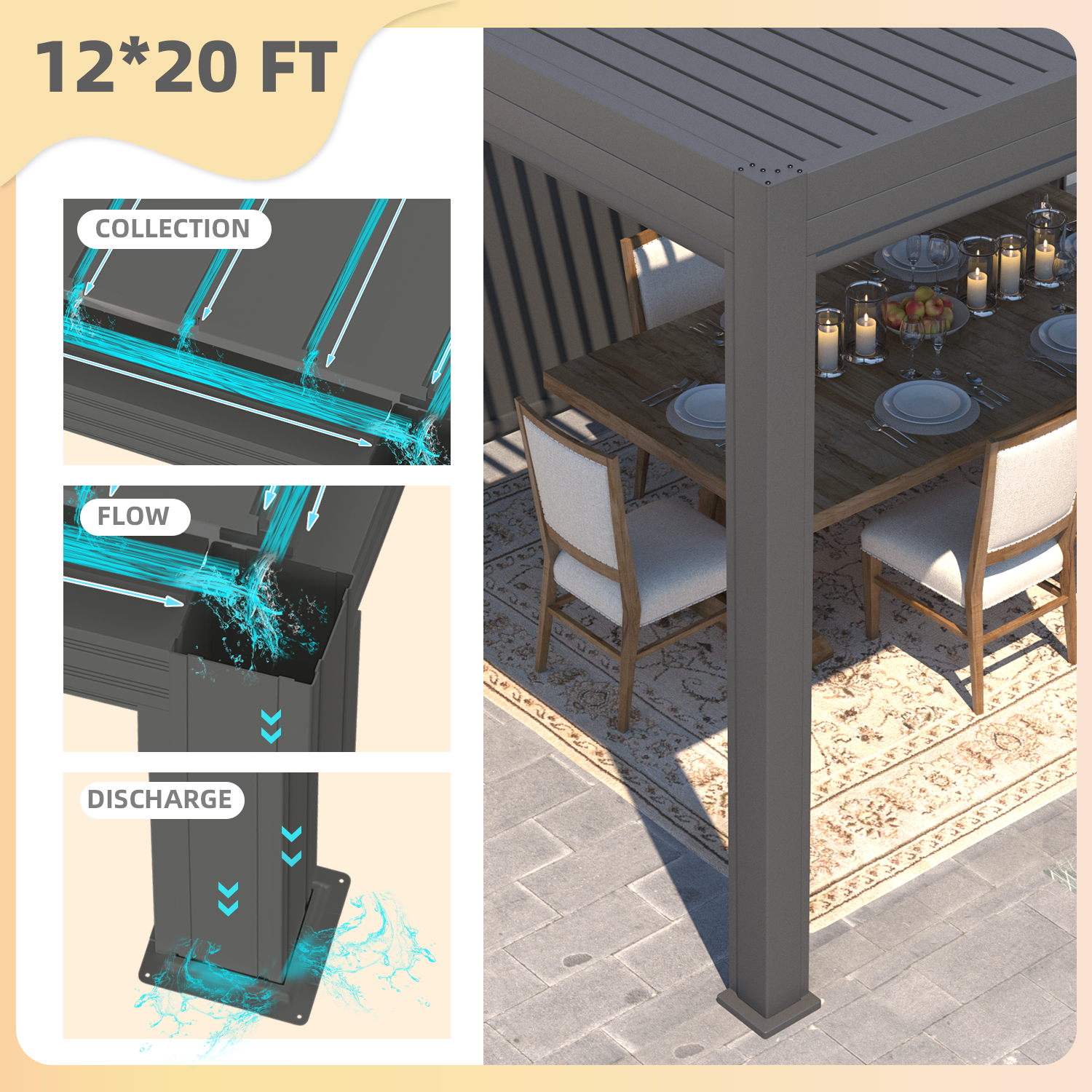 EROMMY 12x20 Pergola with Remote Controlled Retractable Canopy & Built-in LED Lights - Outdoor Patio Cover for Backyard, Garden, and Poolside Relaxation