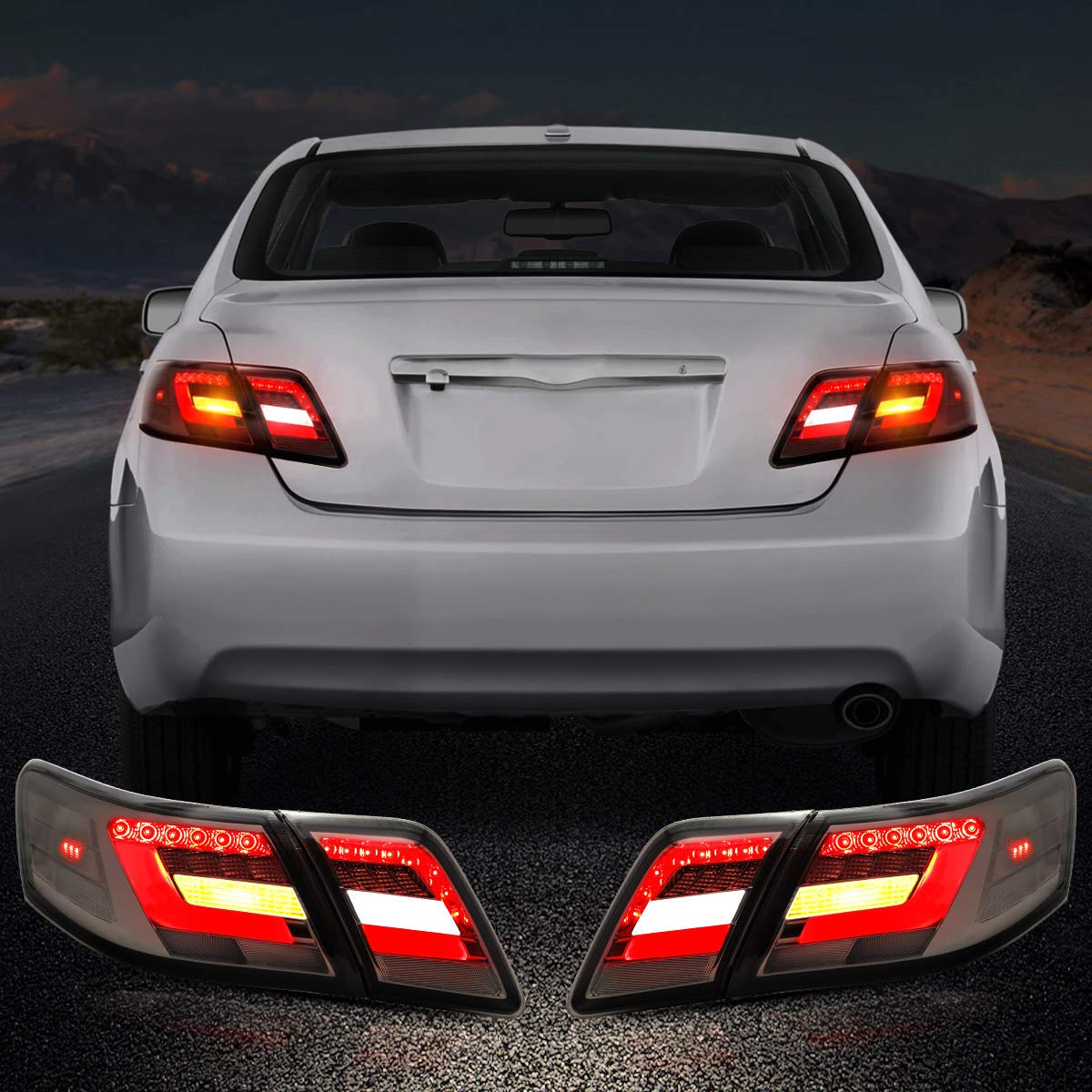 VLAND LED Smoked Tail Lights for Toyota Camry Sedan 2006-2011 (Excludes Hybrid, LE, SE & Factory LED Models) - YAB-KMR-0192 | Enhanced Style & Night Visibility for Custom Car Upgrades