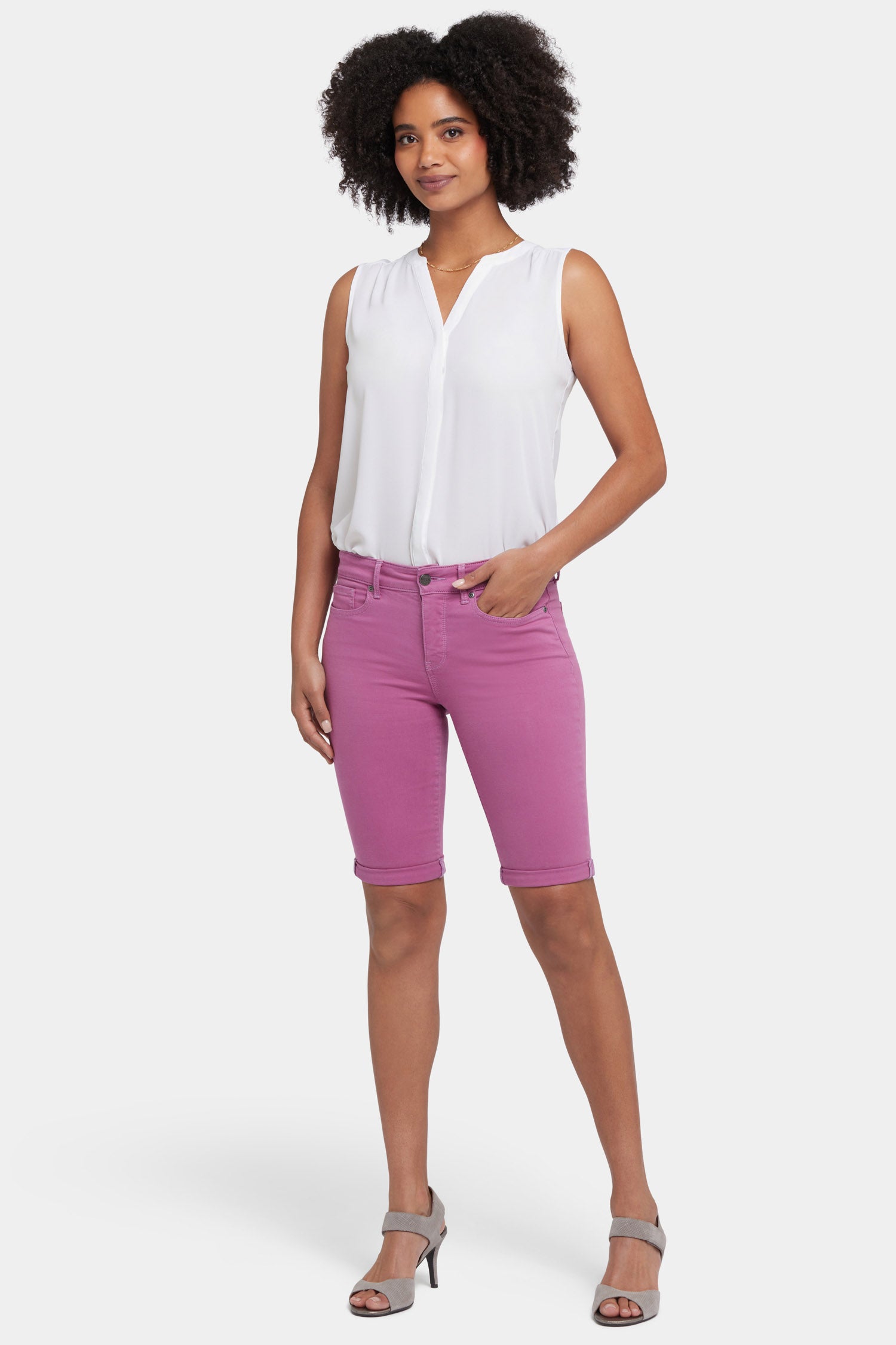 Briella 11 Inch Denim Shorts for Women - Red Violet High Waisted Stretch Jean Shorts | Perfect for Summer, Beach, and Casual Outfits