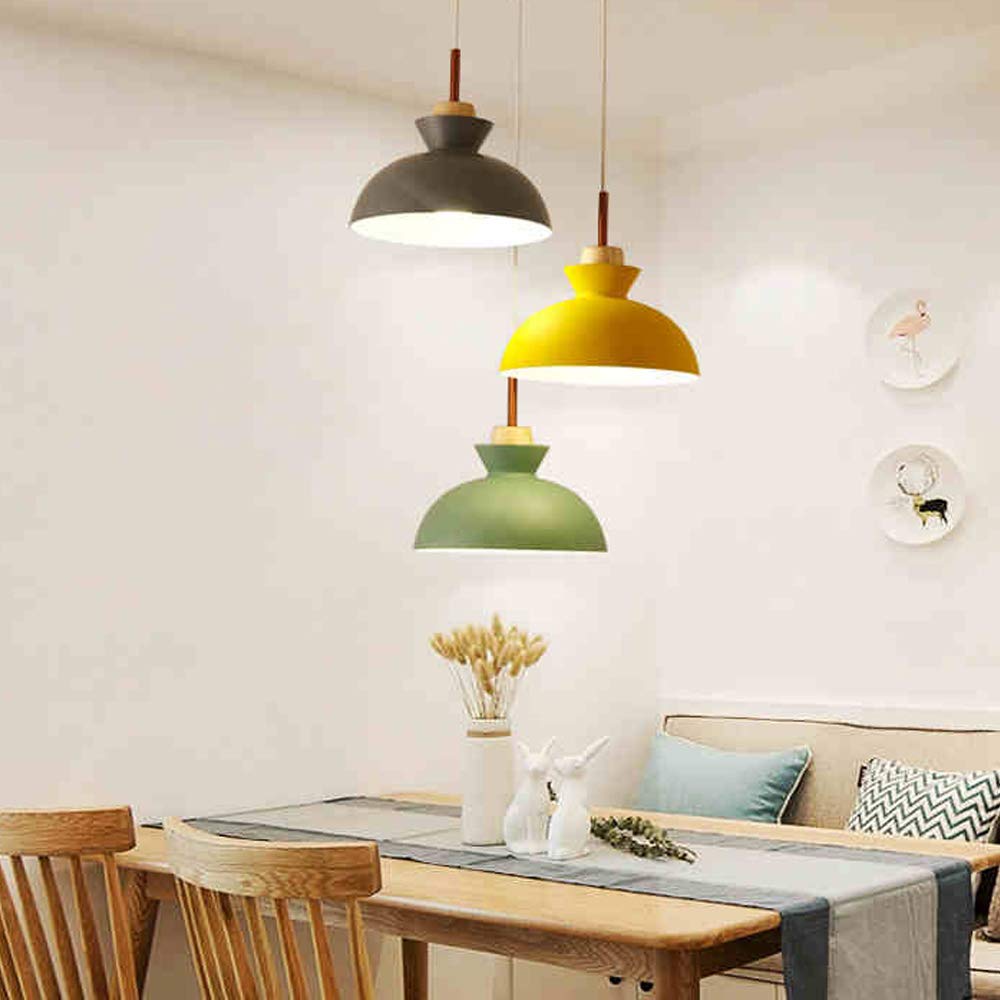 Swag Plug-in Pendant Light with Wooden Handle - 15ft UL Certified Cord & On/Off Dimmer Switch - Macaron Yellow Lampshade - Loft Style Hanging Light for Dining Room, Kitchen Island & Bedroom (Bulbs Not Included)