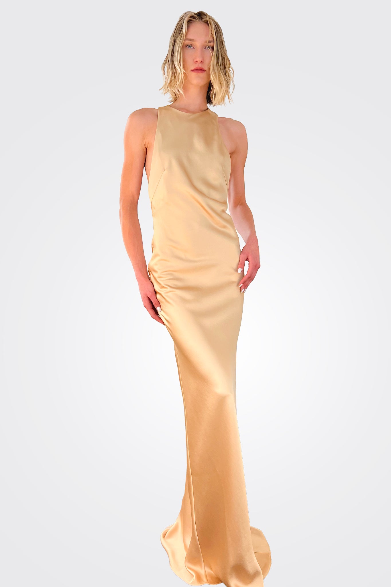 Elegant Eliah Cross Back Dress in Champagne - Perfect for Weddings, Parties & Special Occasions