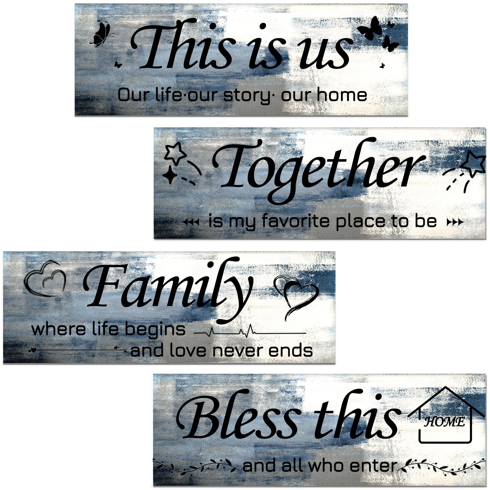 Lnond 4-Piece Blue Abstract Wall Art Set - Motivational Rustic Wooden Farmhouse Decor for Living Room & Bedroom (12x4 Inch) - Perfect for Home, Office & Gift Giving