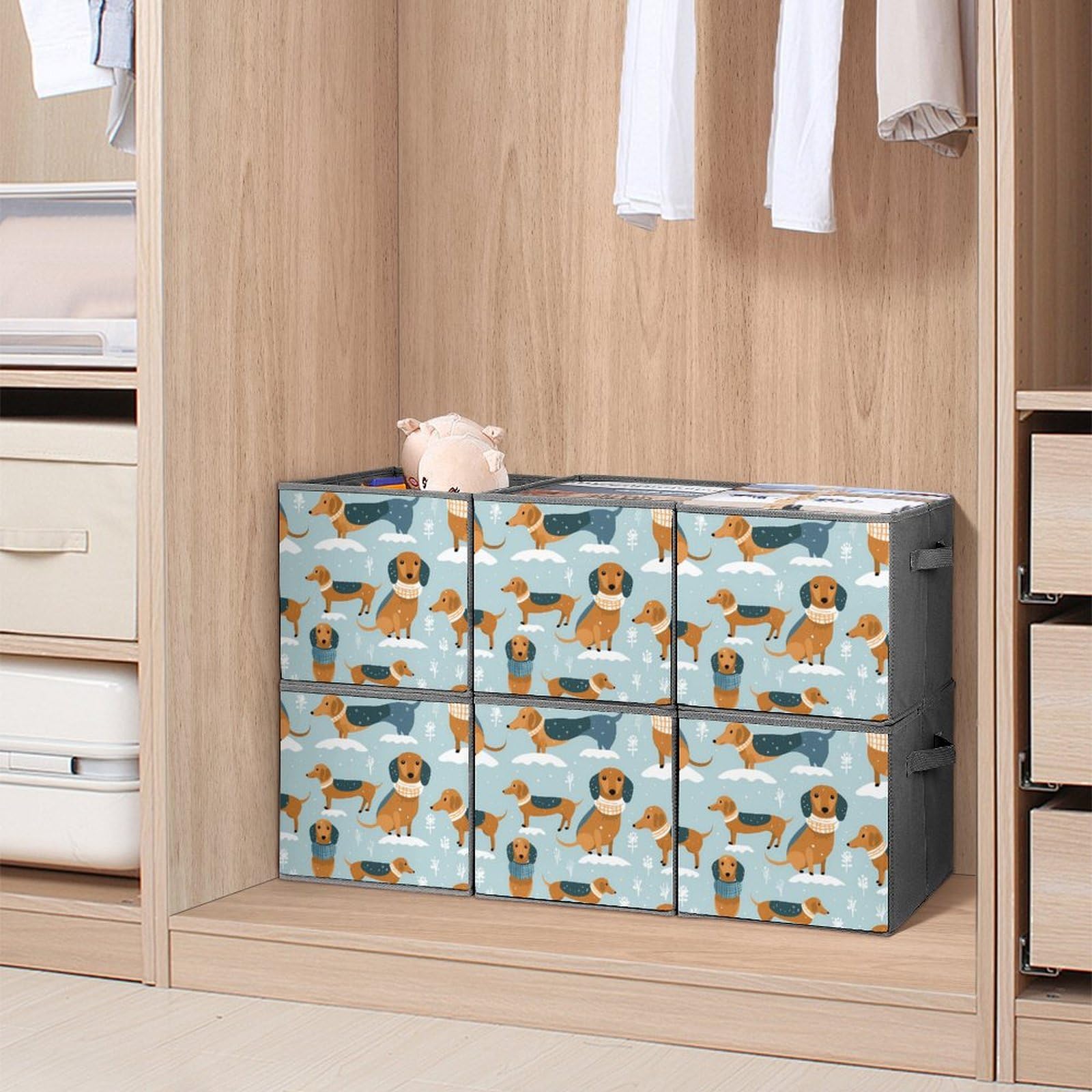 Cute Dachshund Foldable Storage Cubes - 6 Pack Square Organizer Bins with Handles for Home, Office & Kids Room Organization