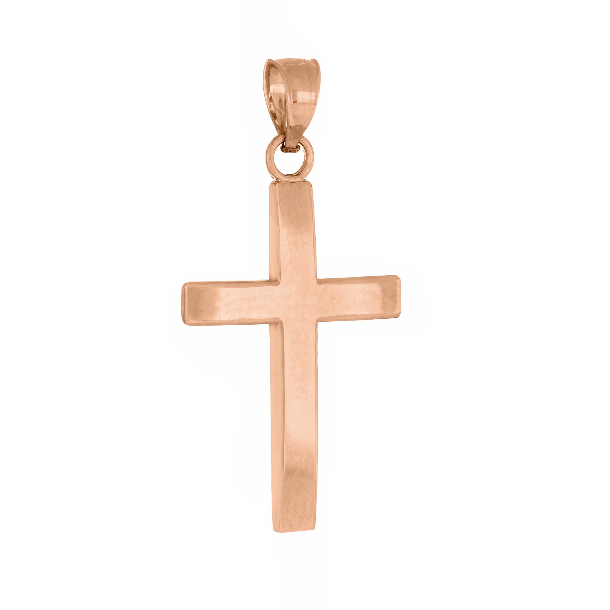 14K Rose Gold Cross Pendant Necklace - Plain Straight Edge High Polish Finish - Perfect for Everyday Wear, Gifts & Religious Occasions