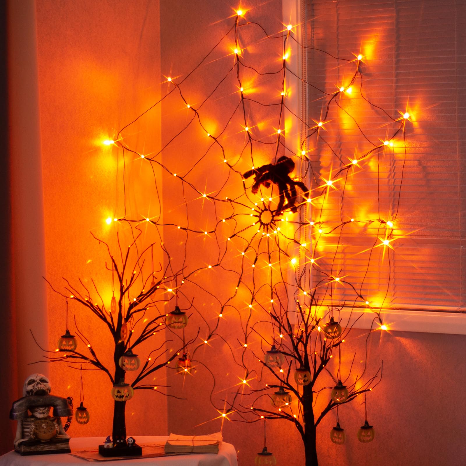 PABIPABI Halloween Spider Web Lights - 4FT Outdoor LED Web Decor with 84 Lights & 8 Lighting Modes - Orange & Purple Halloween Party Decorations for Yard, Haunted House, Bar, and Outdoor Halloween Displays