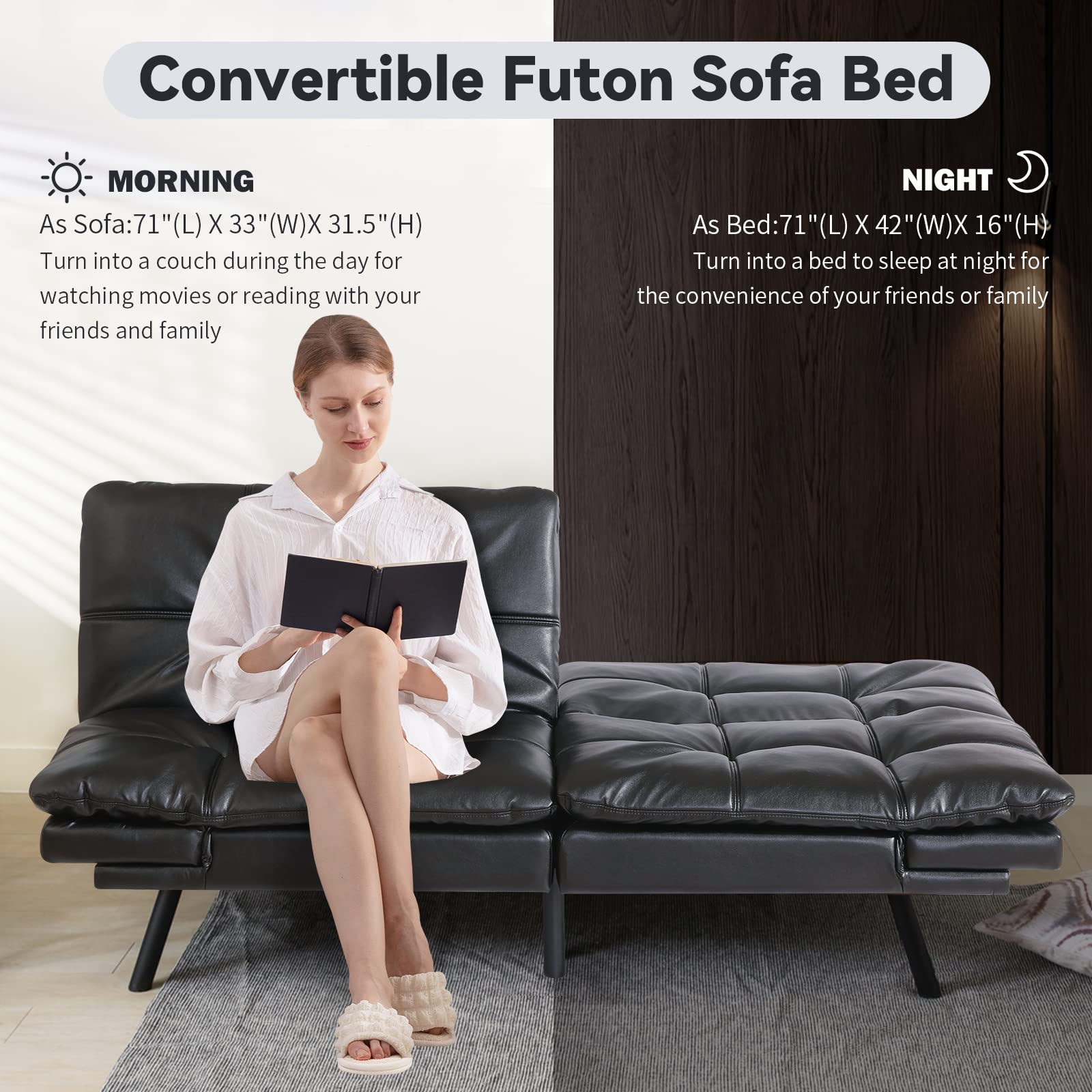 Hcore Convertible Bed - Faux Leather Futon Couch & Sleeper Sofa Bed in Light Black | Space-Saving Multi-Functional Furniture for Small Apartments, Guest Rooms & Home Offices