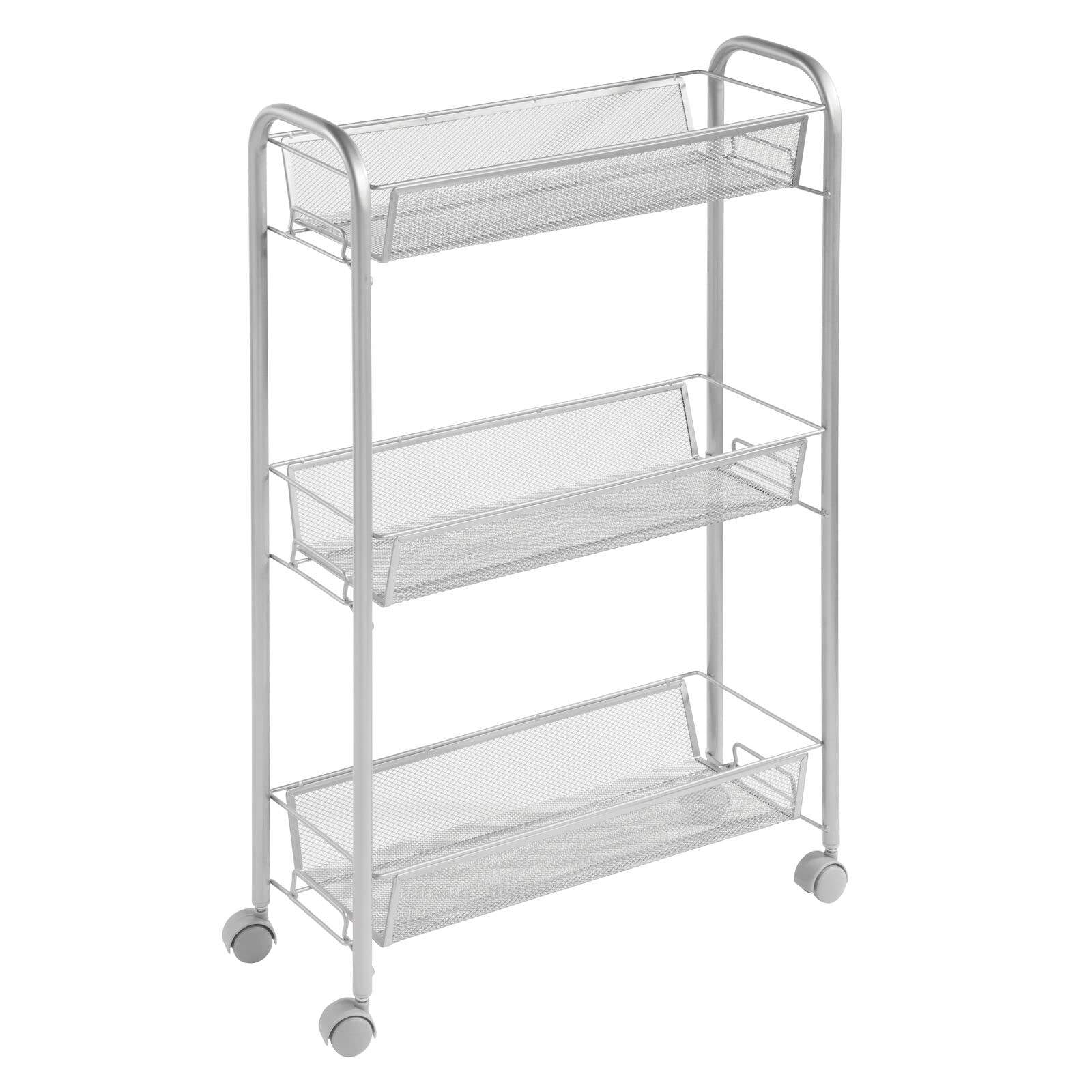 mDesign 3-Tier Steel Rolling Utility Cart Organizer - Heavy Duty Storage Trolley with Baskets for Laundry Detergent, Cleaning Supplies | Perfect for Laundry Room, Garage, Bathroom & Home Organization - Silver (Biro Collection)