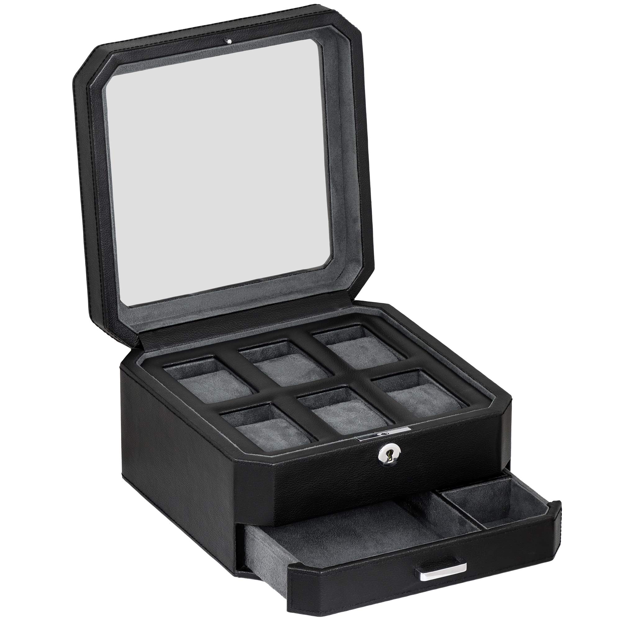 Premium ROTHWELL 6-Slot Leather Watch Box with Valet Drawer - Luxury Watch Case Organizer with Microsuede Lining & Locking Mechanism - Men's Jewelry Storage Box with Large Glass Top (Black/Grey) - Perfect for Watch Collectors, Travel & Home Display