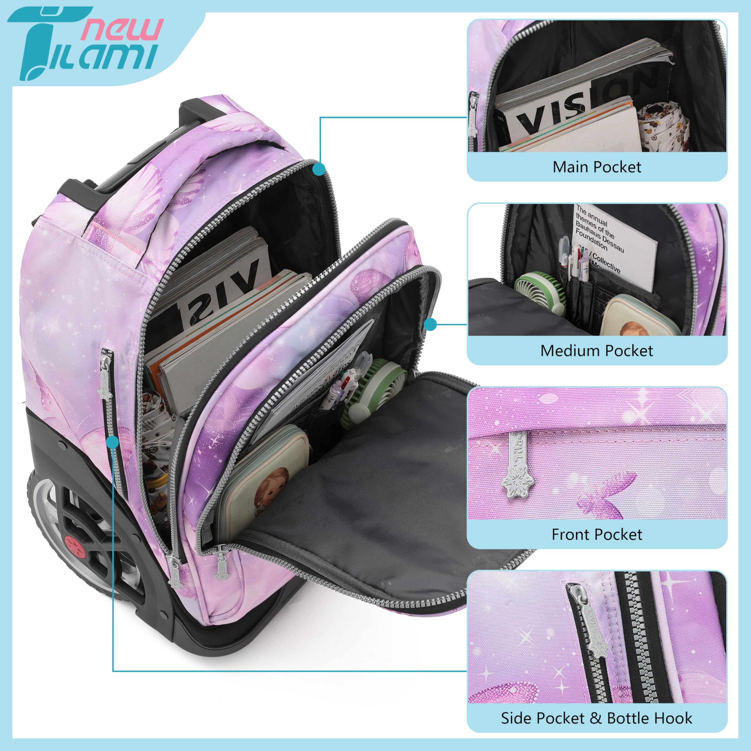 TILAMI 19 Inch Rolling Backpack with Lunch Bag - Wheeled Laptop Backpack for School & Travel, Kids & Teens (Evening Butterfly Pattern, No USB Port) - Perfect for Commuting, Air Travel, and Daily School Use
