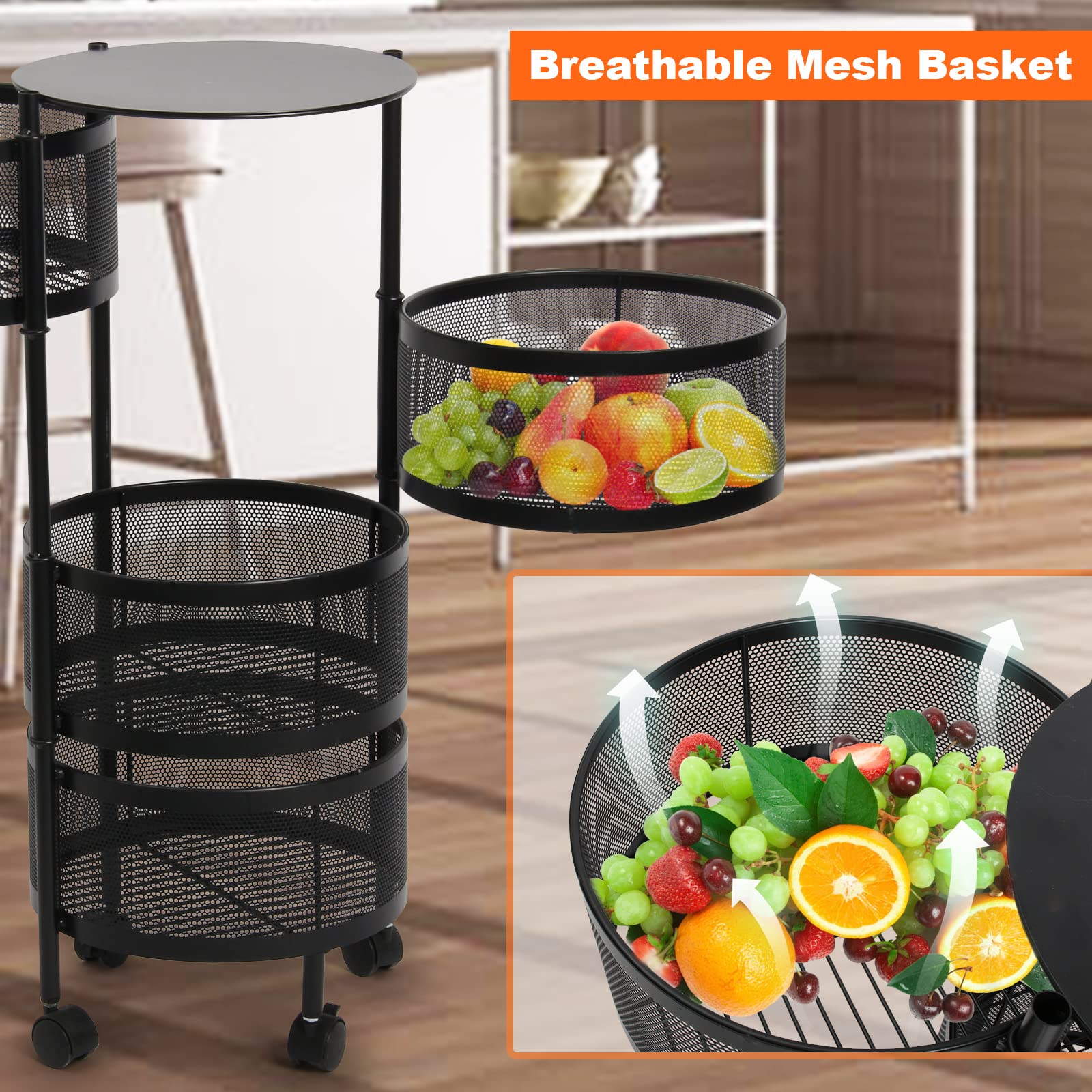 Todeco 360° Rotating Storage Rack - 5-Tier Multi-Purpose Organizer Shelf for Kitchen, Living Room | Space-Saving Floor Standing Fruit Vegetable Basket | Durable Black Home Storage Solution (Perfect for Small Spaces & Clutter-Free Organization)