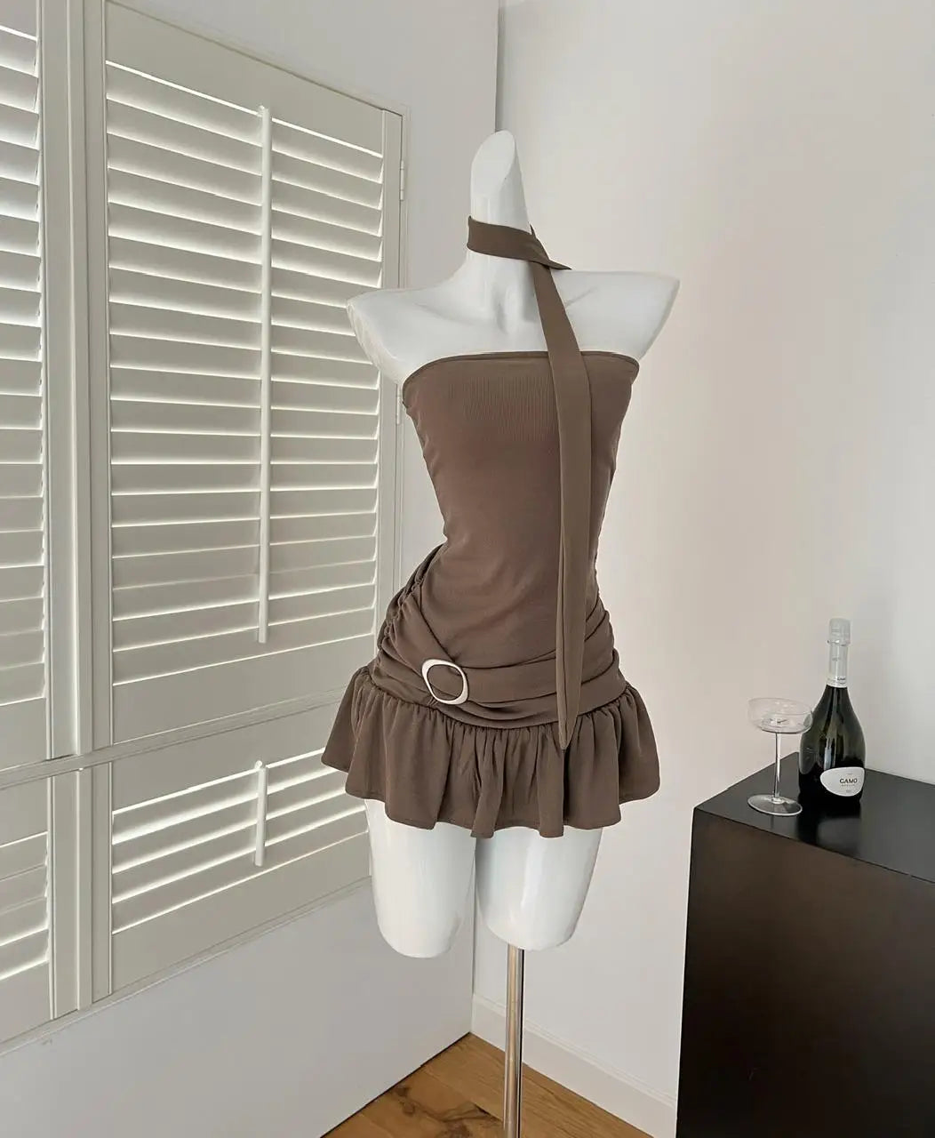 Elegant Black Pleated A-Line Short Dress for Women - Sexy Off Shoulder Ruffled Edge Strapless Club Dress - Summer Sleeveless Brown Mini Dress | Perfect for Night Out, Party, Date Night and Special Occasions