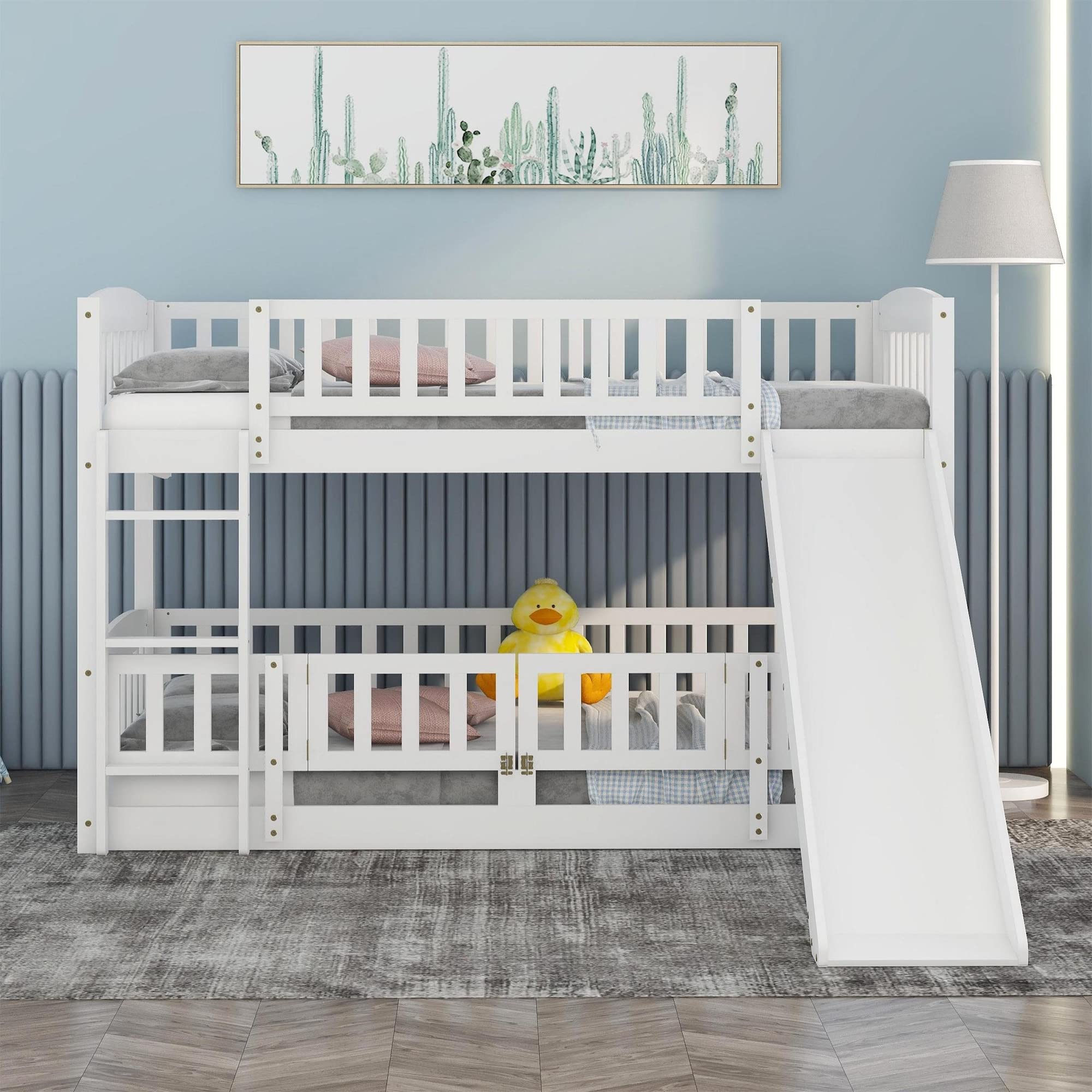 SOFTSEA Twin Over Twin Bunk Bed with Convertible Slide & Ladder - Wooden Low-Profile Bunk Bed Frame with Safety Guardrails, Fence & Door for Kids - Perfect for Small Bedrooms, Kids' Rooms & Sleepovers (White)