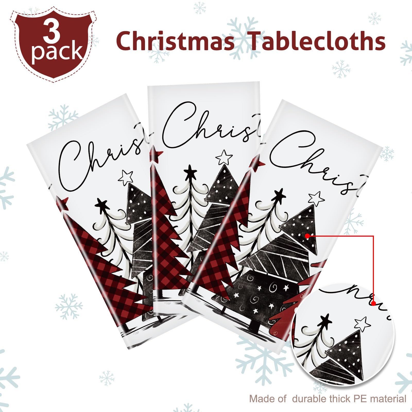 3 Pack Disposable Christmas Tablecloth - Buffalo Plaid Snowflake Plastic Table Cover for Holiday Party, Picnic, Dinner Decor (54x108 Inch) - Perfect for Christmas Tree Skirt, Festive Dining & Seasonal Gatherings
