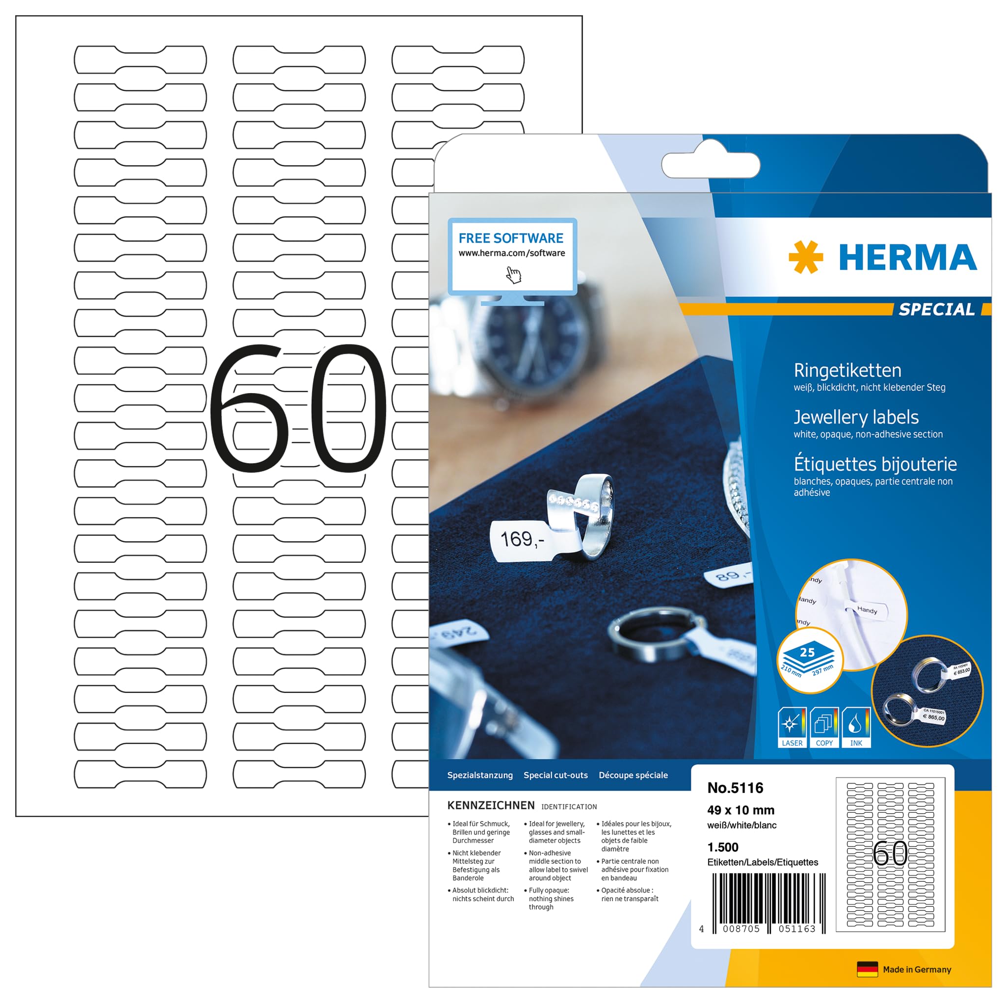 HERMA Self Adhesive Jewelry Labels - 1500 Blank Price Tag Stickers (60 Labels per A4 Sheet, 25 Sheets, 49x10mm) for Laser & Inkjet Printers - Perfect for Jewelry Pricing, Organizing & Retail Display - White