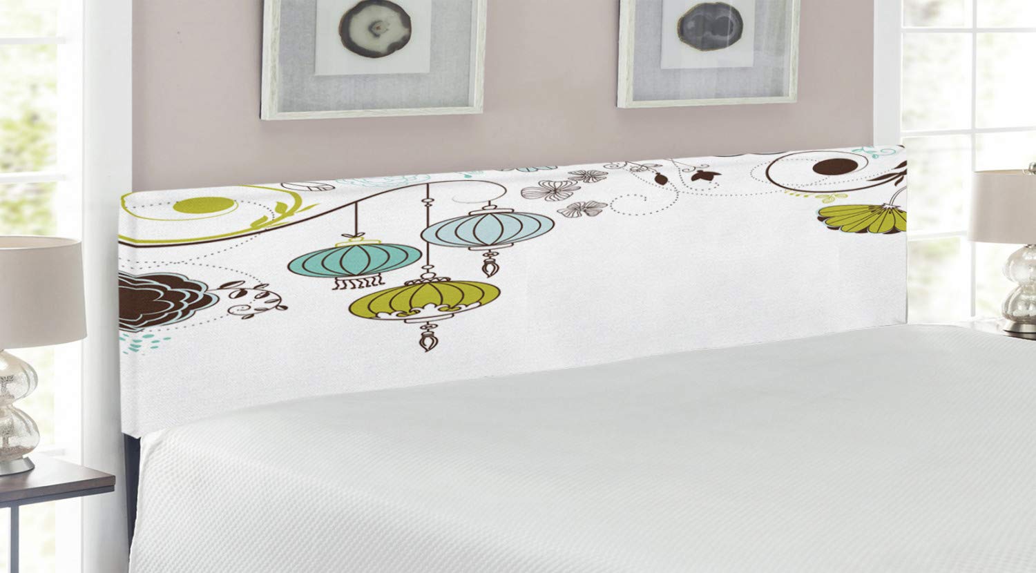 Ambesonne Oriental King Size Upholstered Headboard - Abstract Chinese New Year Design in Vibrant Apple Green & Sky Blue with Memory Foam | Decorative Metal Bed Frame for Master Bedroom, Guest Room & Home Decor