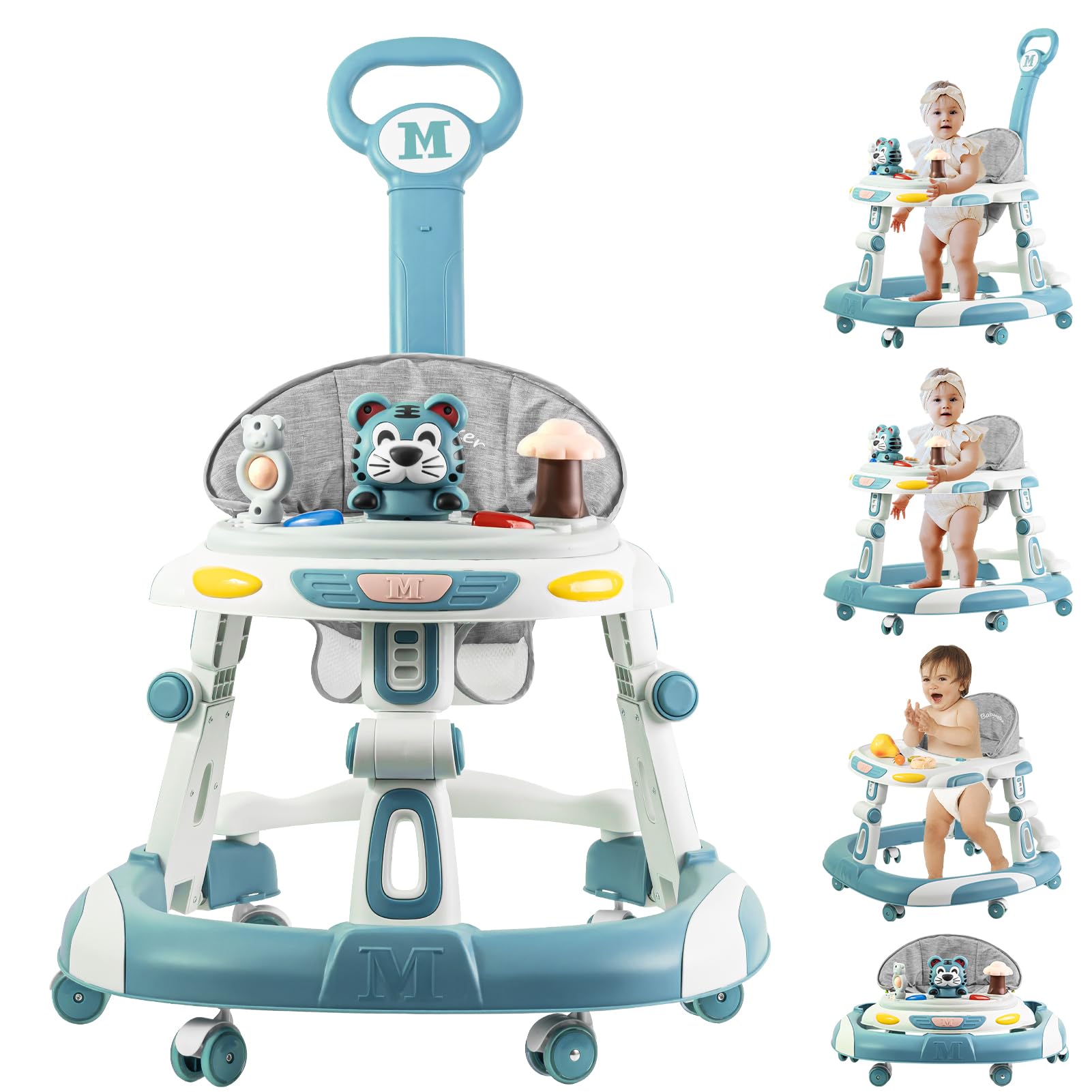 4-in-1 Foldable Baby Walker & Activity Center with Toy Tray - 3-Level Height Adjustable Infant Walker with Wheels for Boys & Girls 6-24 Months (Blue) - Perfect for Learning to Walk, Playtime & Early Development