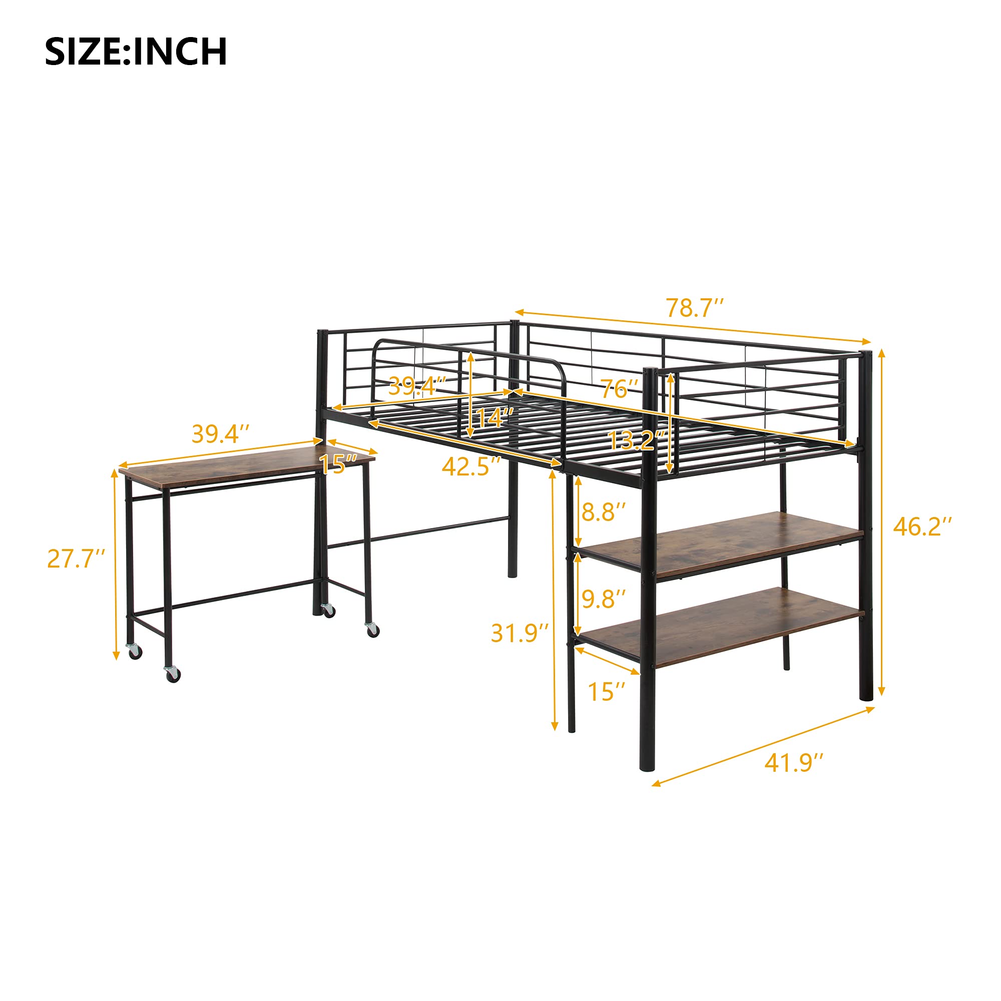 Knocbel Twin Loft Bed with Mobile Desk & Storage Shelves - Sturdy Metal Platform Bed Frame with Guardrails, Ladder & 16 Slats - Supports 200lbs - Space-Saving Solution for Kids, Teens & Small Bedrooms (Black)