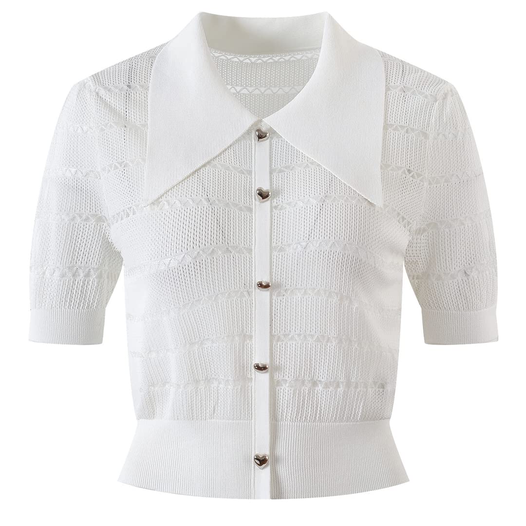 Women's Short Sleeve Knit Cardigan with Heart Buttons - Casual White & Green Knitted Sweater Top for Spring & Summer | Perfect for Office, Dating & Weekend Outfits