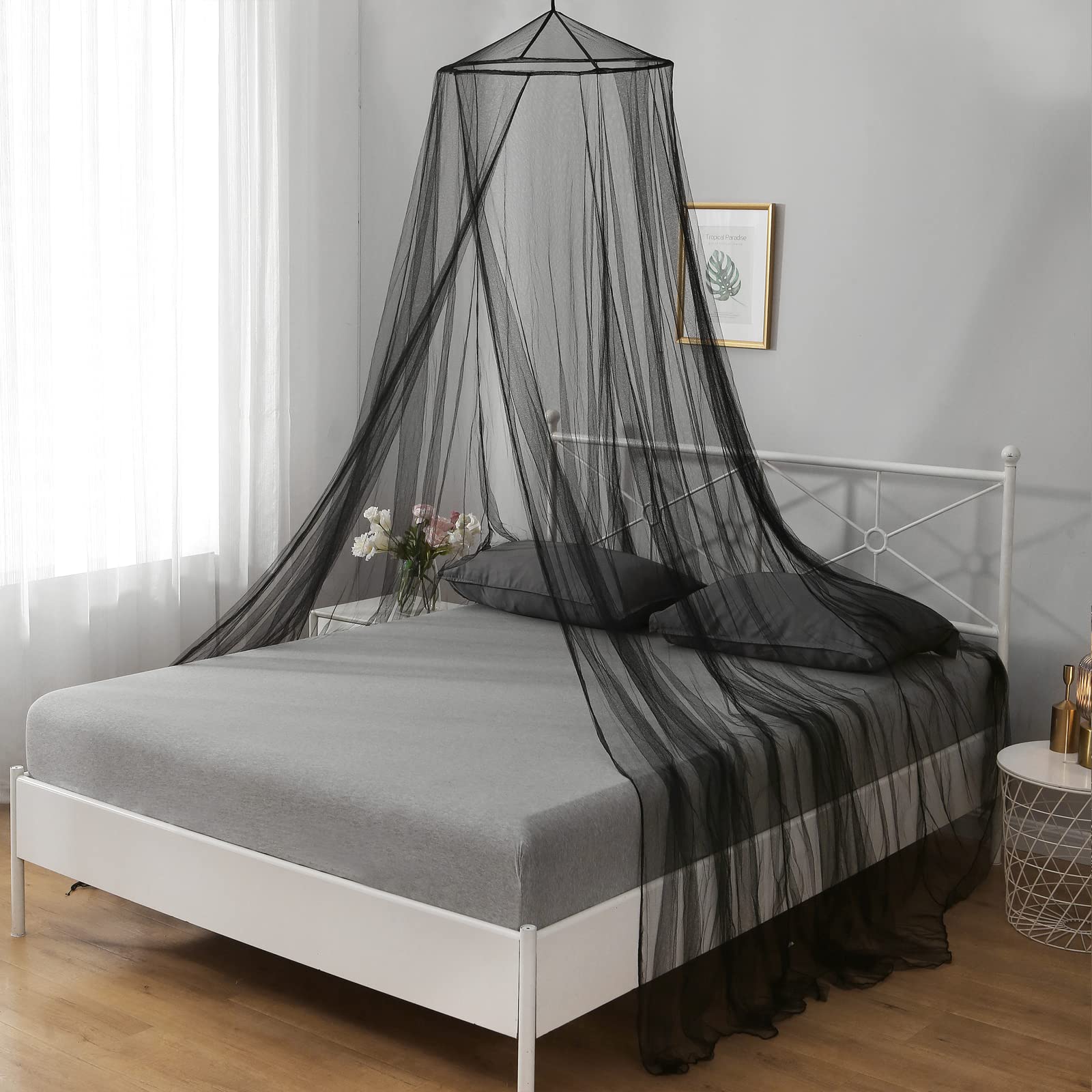 King/Queen Size Mosquito Net Bed Canopy for Girls & Adults - Ceiling Mount Dome Bed Tent with Black Curtains for Baby Crib, Kids Bed & Master Bedroom Decor | Perfect for Nursery, Bedroom & Outdoor Camping
