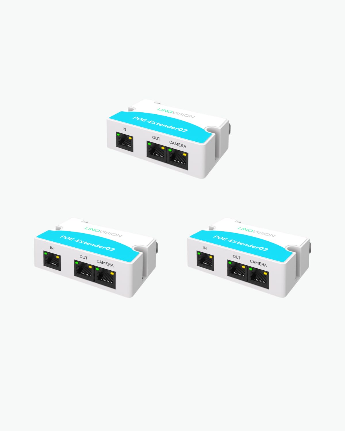 LINOVISION Mini 2 Port POE Extender IEEE 802.3af/at - 1000ft Power Over Ethernet Repeater for Cat5/6 Cable - POE Splitter for 2 Devices Like IP Cameras & VoIP Phones (3 Pack) - Ideal for Home Security & Office Network Expansion