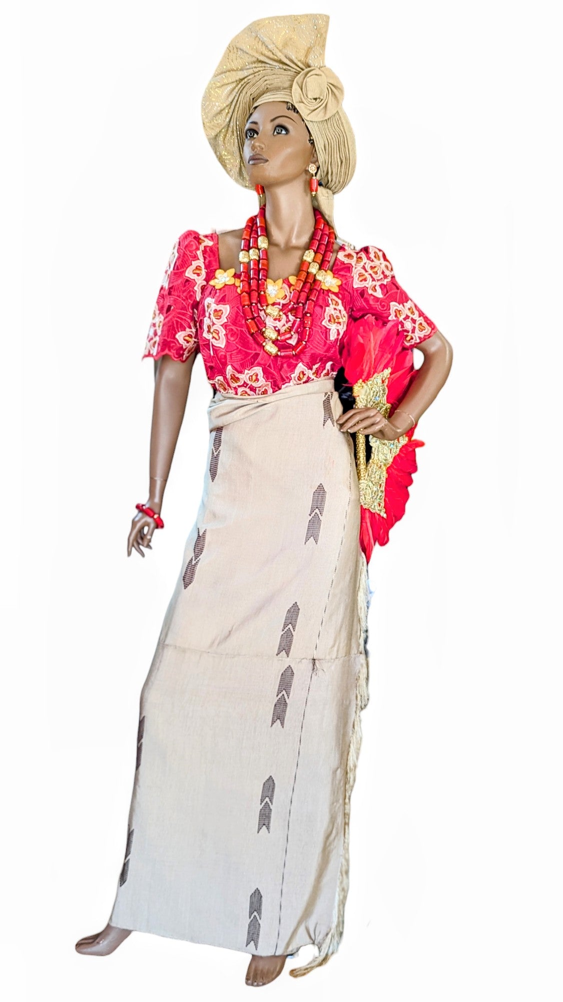 Dupsie's Igbiruba Fusion: Red Gold Beige Lace Top & Tan Brown Aso Oke Iro Wrap Skirt DPIM035TW - Perfect for African Weddings, Cultural Events & Special Occasions