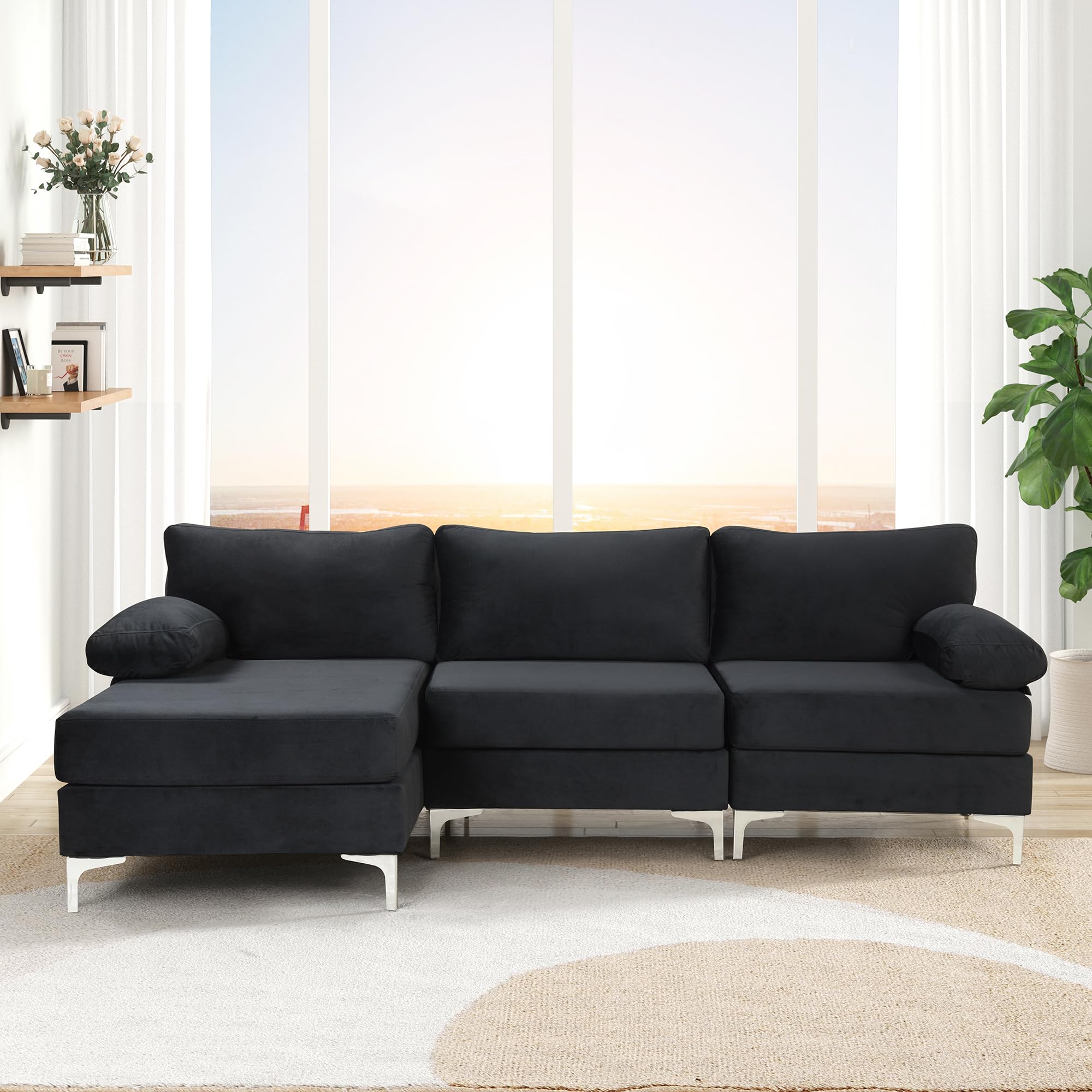 Luxury Modern Velvet L-Shaped Sectional Sofa with Chaise Lounge - Casa Andrea Milano Large Fabric Couch in Onyx Black - Perfect for Living Room, Lounge & Family Gatherings
