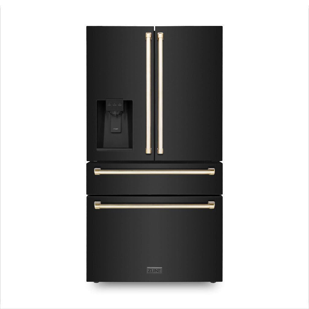 ZLINE Autograph Edition 36 Inch Counter Depth French Door Refrigerator - 21.6 cu. ft. Capacity, Fingerprint Resistant Black Stainless Steel with Polished Gold Handles, Built-In Water and Ice Dispenser (RFMZ W 36 BS G) - Perfect for Modern Kitchens, Open-Concept Homes & Entertaining Spaces