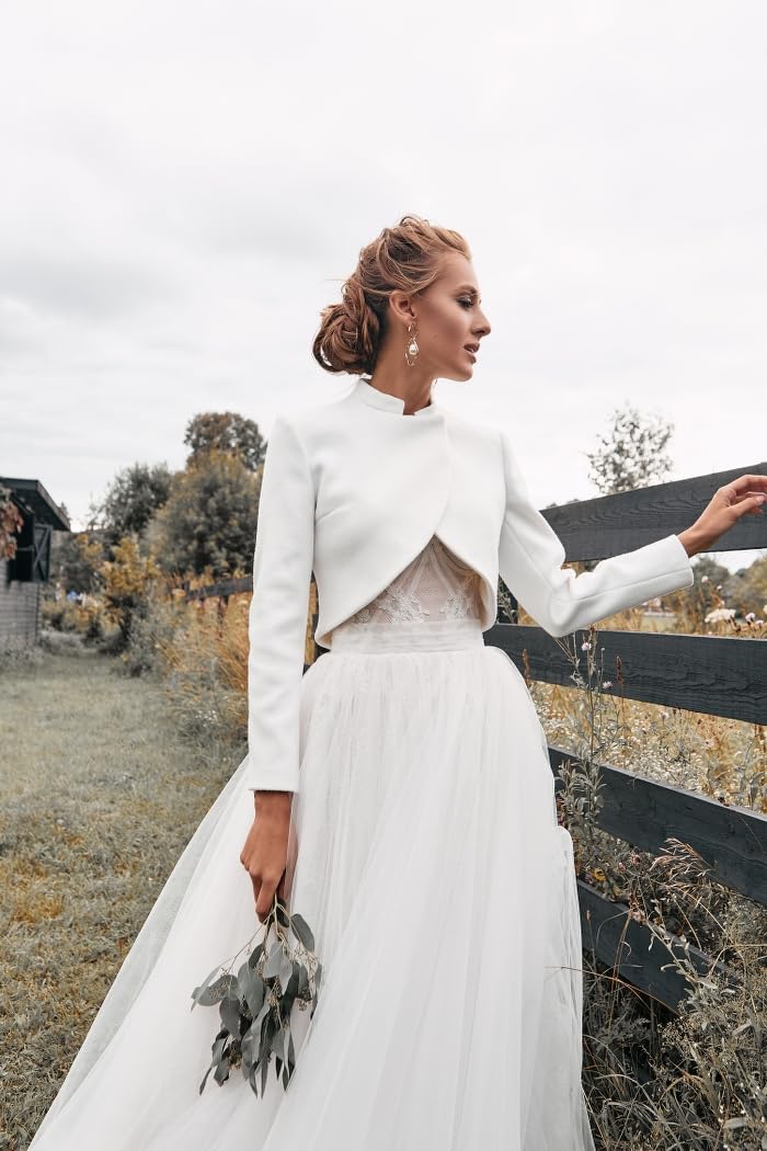 Elegant Ivory Wool Bridal Jacket for Wedding Dress - Winter Wedding Coat, White Modern Cover Up for Bride, Wool Bolero Top (Size 4 US) | Perfect for Church Ceremonies, Outdoor Photos & Winter Weddings