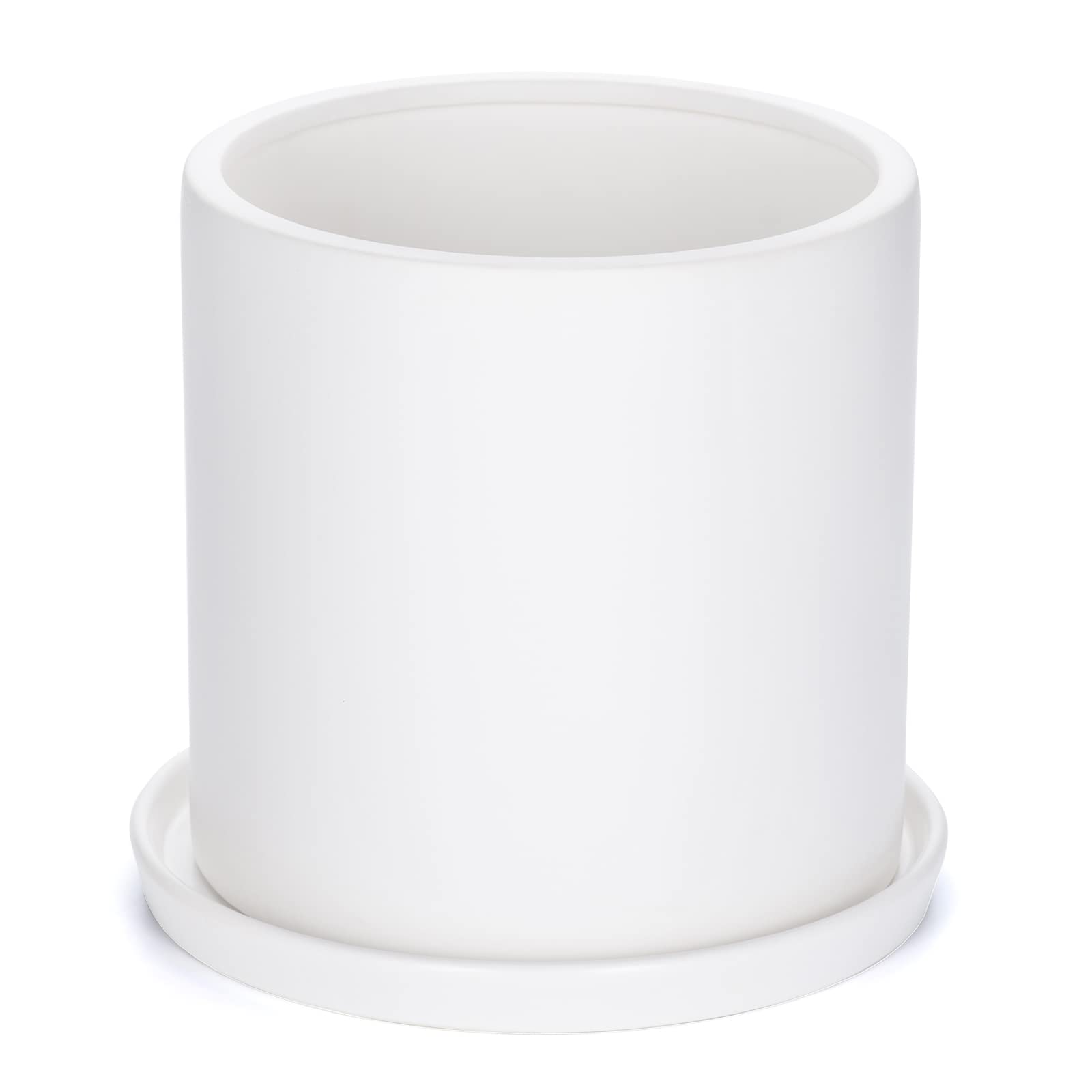 10 Inch Ceramic Plant Pots with Drainage Hole & Saucer - Matte White Modern Cylinder Planter for Indoor Outdoor Plants & Flowers - Full Glazed Finish - Perfect for Home Decor, Office, Garden & Patio