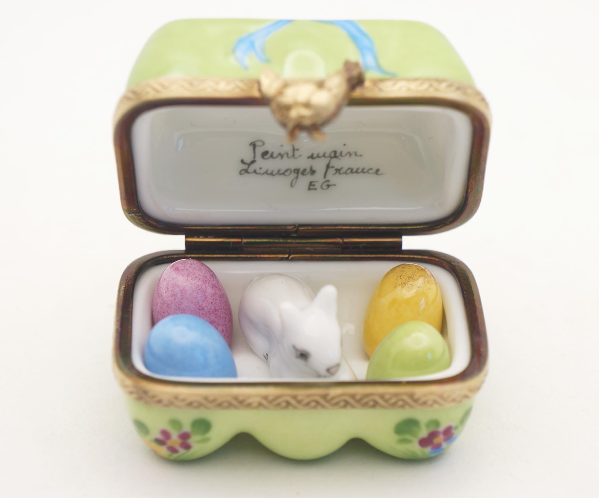 Authentic Hand-Painted Limoges Porcelain Egg Carton Box with Removable Eggs & Bunny - French Collectible Home Decor for Easter, Spring Display & Gift Giving