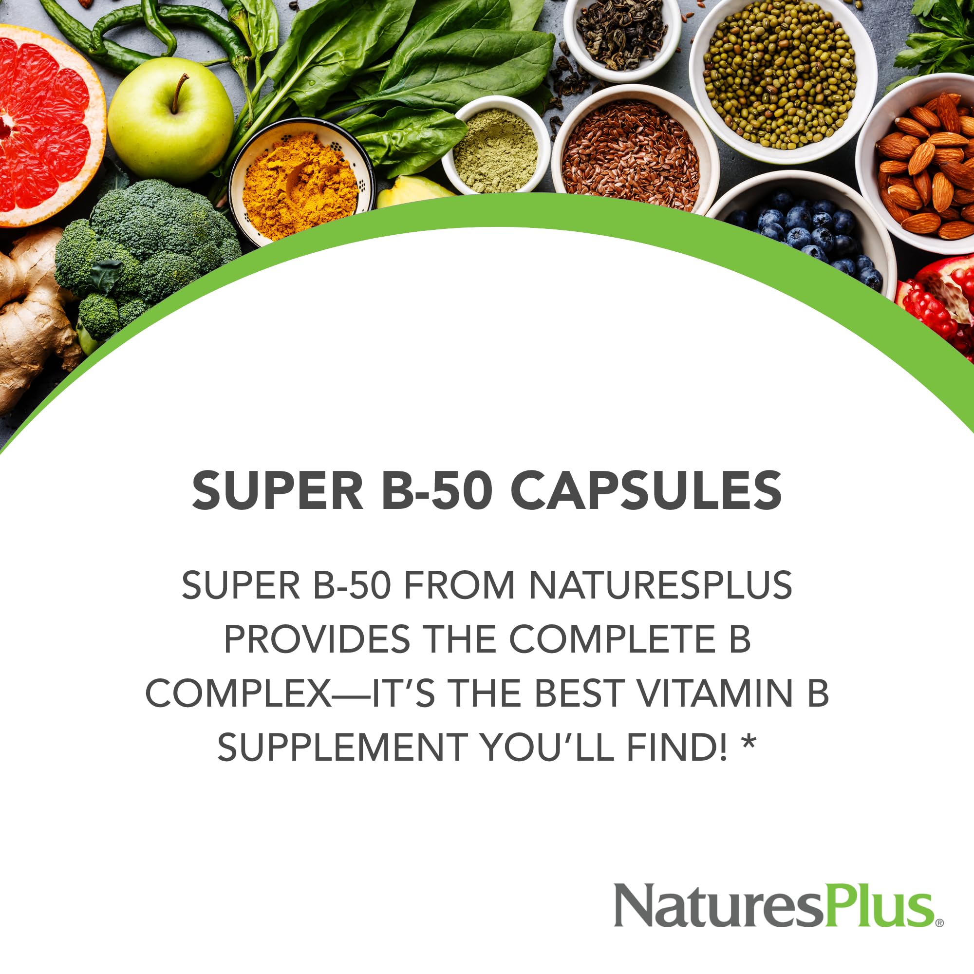 NaturesPlus Super B50-60 Vegetarian Capsules | High Potency B Complex Vitamin Supplement for Brain Function & Energy Support | Gluten-Free, Non-GMO | 60 Servings | Ideal for Busy Professionals & Students