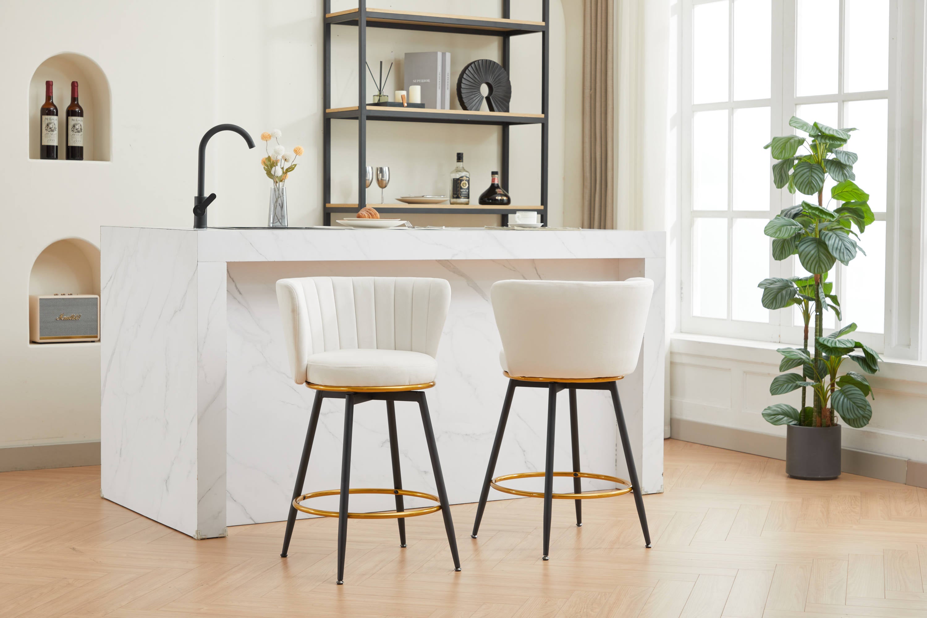 Set of 2 Counter Height Bar Stools - 360° Swivel Upholstered Barstools with Back Support & Sturdy Metal Legs, 26 Inch Seat Height, Soft Velvet Fabric, Gold Footrest - Perfect for Kitchen Islands, Breakfast Bars & Home Bars