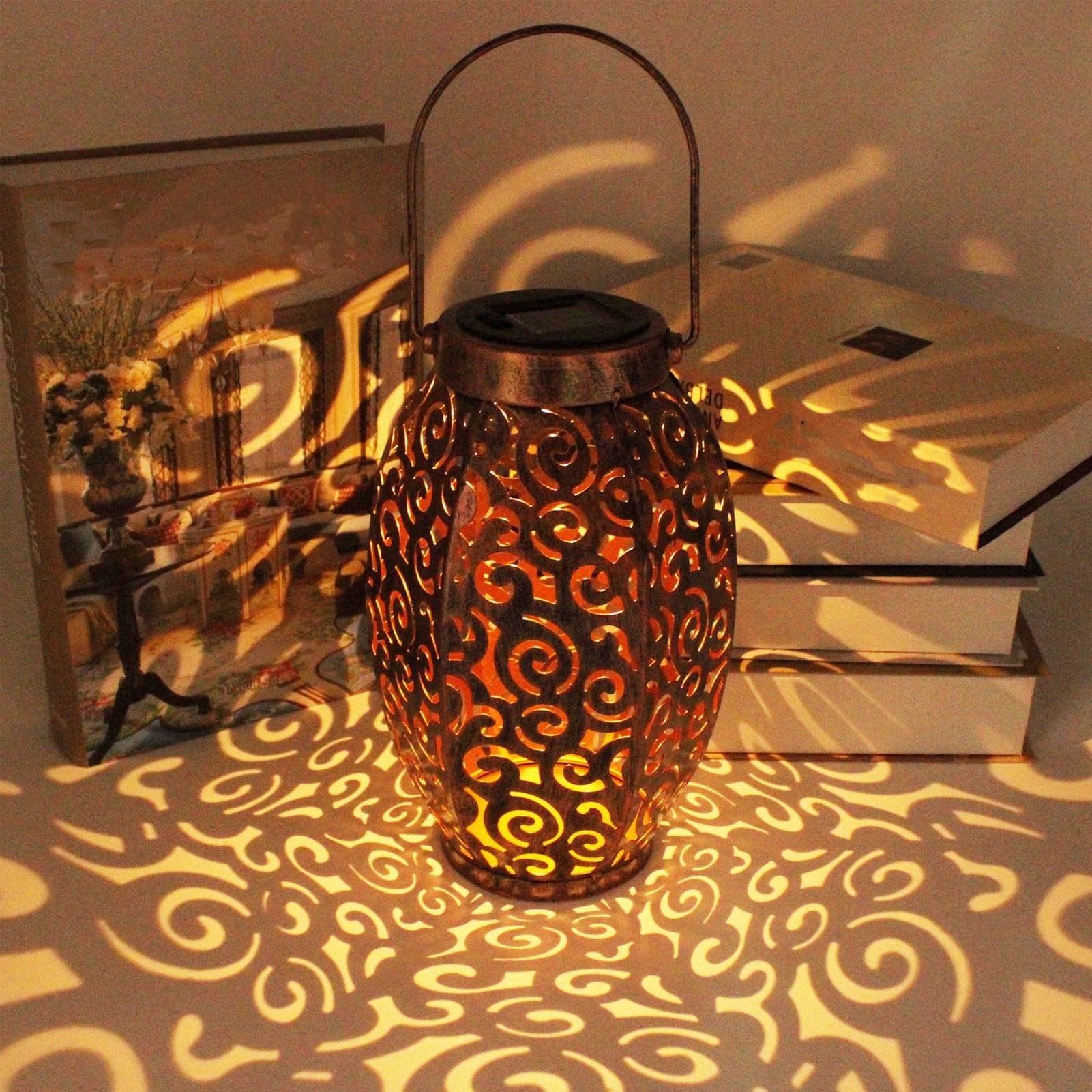 Horoper Solar Light Outdoor Hanging - Oval Solar Hollow Lantern with Wrought Iron Brown Finish - Waterproof Garden Lights for Patio, Courtyard, Pathway - Decorative Solar Projector Light for Outdoor Parties & Backyard Decor