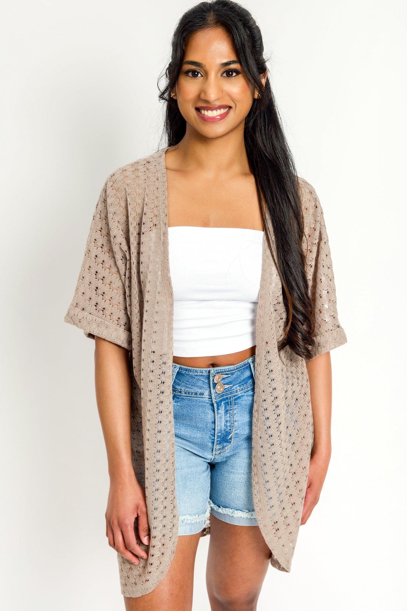 Crochet Knit Short Sleeve Cocoon Cardigan for Women - Boho Chic Lace Open Front Sweater - Perfect for Spring, Summer, Beach Cover Up and Casual Outfits