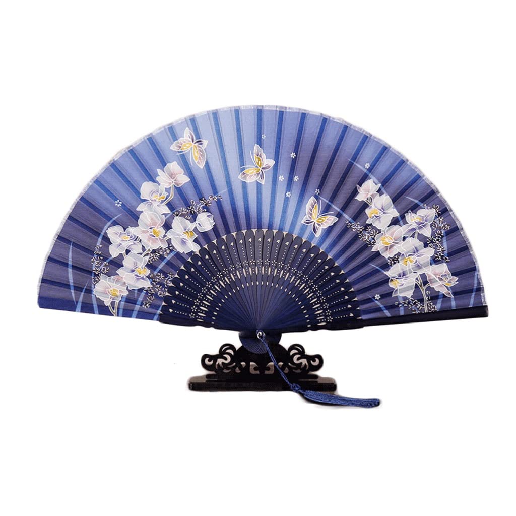 Vintage Bamboo Silk Handheld Folding Fan - Portable Retro Style Dance Fan for Women, Dark Blue | Perfect for Dance Performances, Home Decor & Summer Cooling