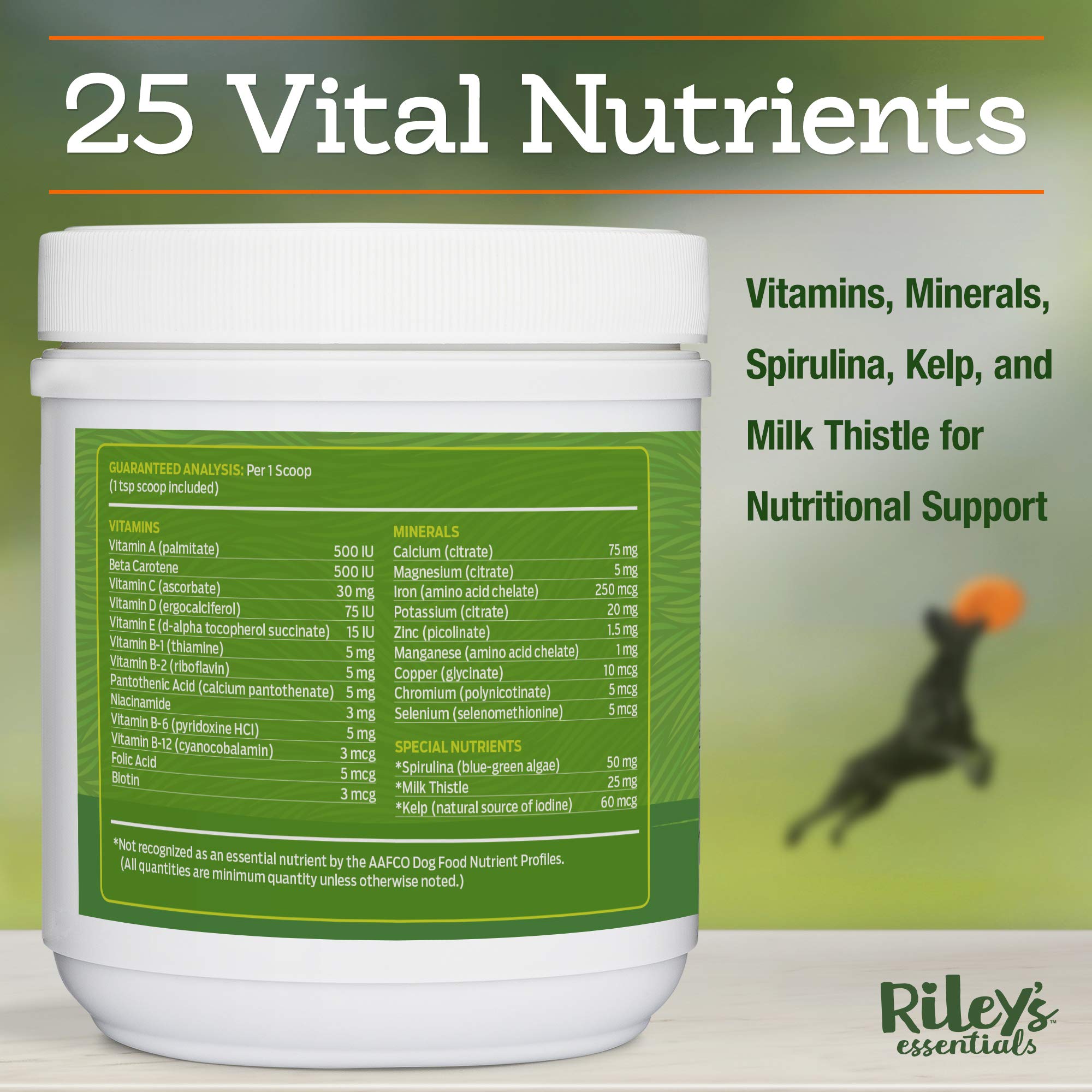 Riley's Multi-Essentials Dog Multivitamin Powder - Complete Nutritional Support with Vitamins, Minerals, Spirulina, Kelp & Milk Thistle - for Puppies & Senior Dogs - 8oz - Perfect for Daily Health Maintenance & Immune System Boost