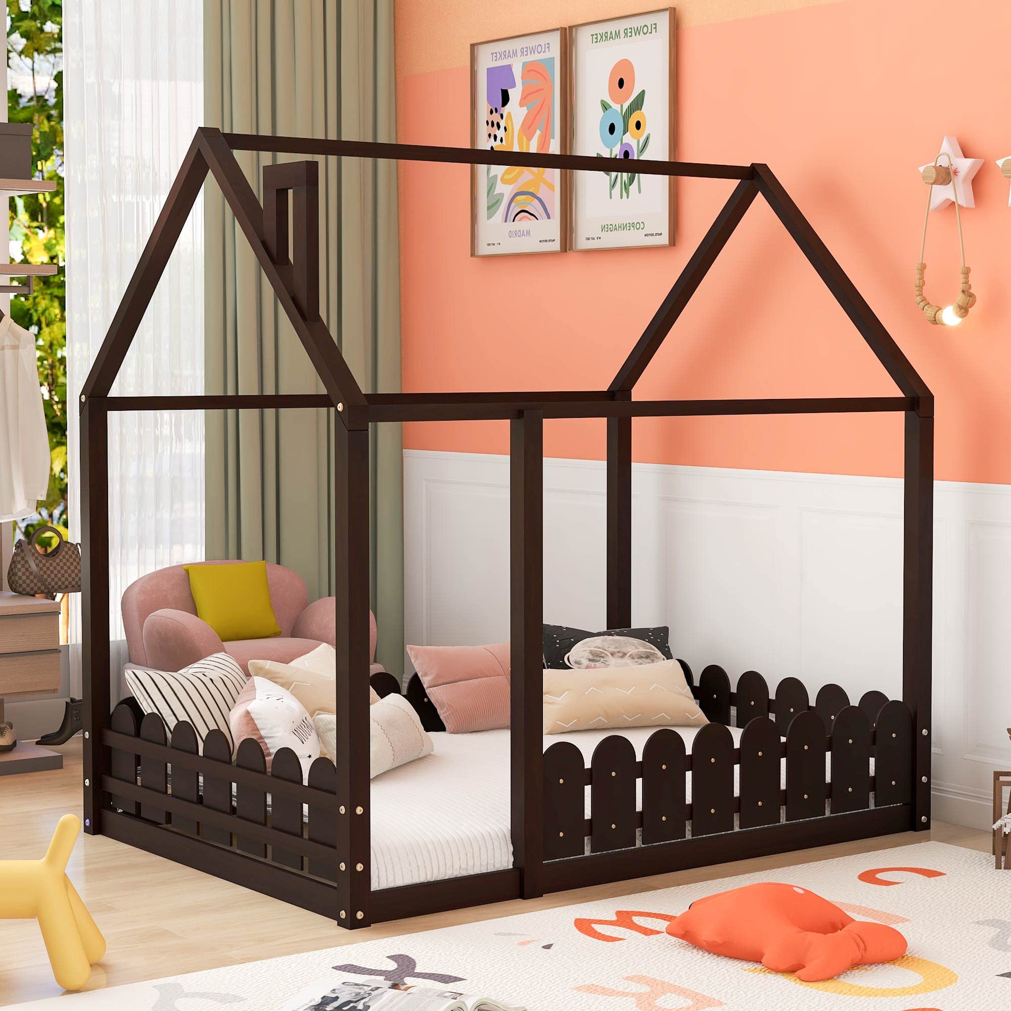 Harper & Bright Designs Full Size Kids House Bed Frame with Pine Wood Roof & Fence Guardrails - Cabin Style Floor Bed for Children & Teens (Espresso) | Perfect for Bedrooms, Playrooms & Montessori Spaces