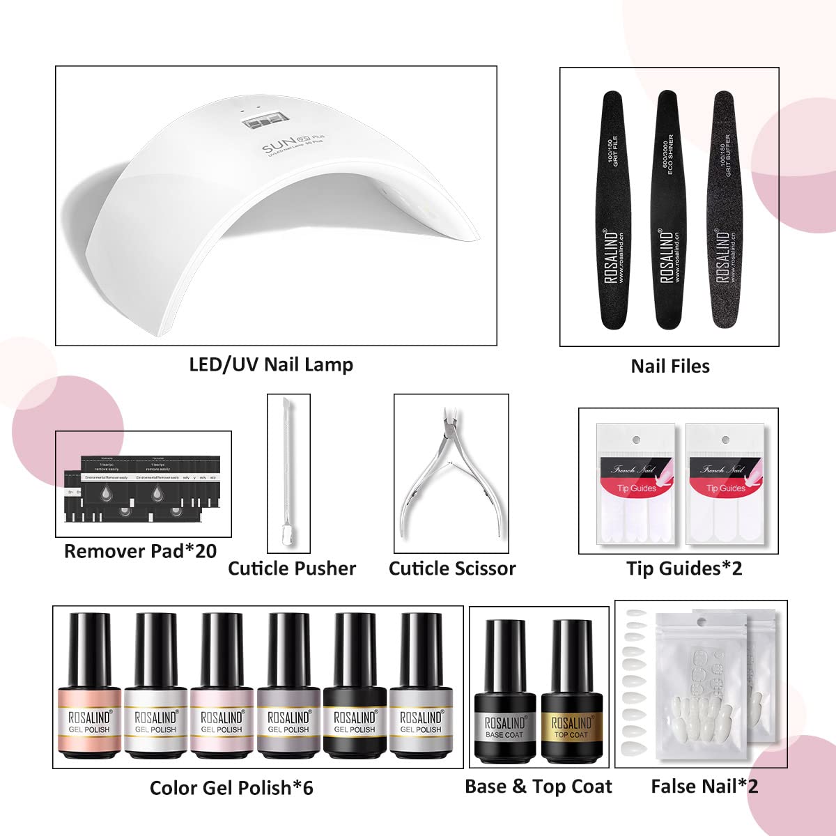 ROSALIND 6 Colors Semi-Permanent Nail Polish Kit - White, Black, Gray UV Gel Polish with Base Coat & Top Coat for Salon & Home Manicure | Perfect for Nail Art, French Tips & DIY Nail Designs