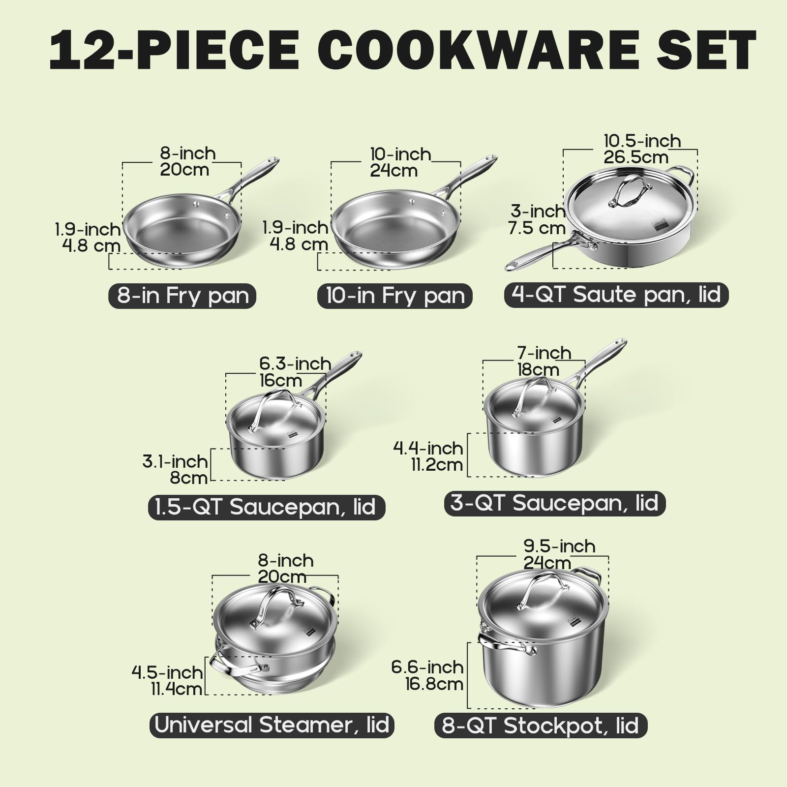 Premium 12-Piece Stainless Steel Cookware Set - Multi-Ply Clad Pots & Pans with Stay-Cool Handles, Oven & Dishwasher Safe (500°F) - Ideal for Professional Chefs & Home Cooking Enthusiasts