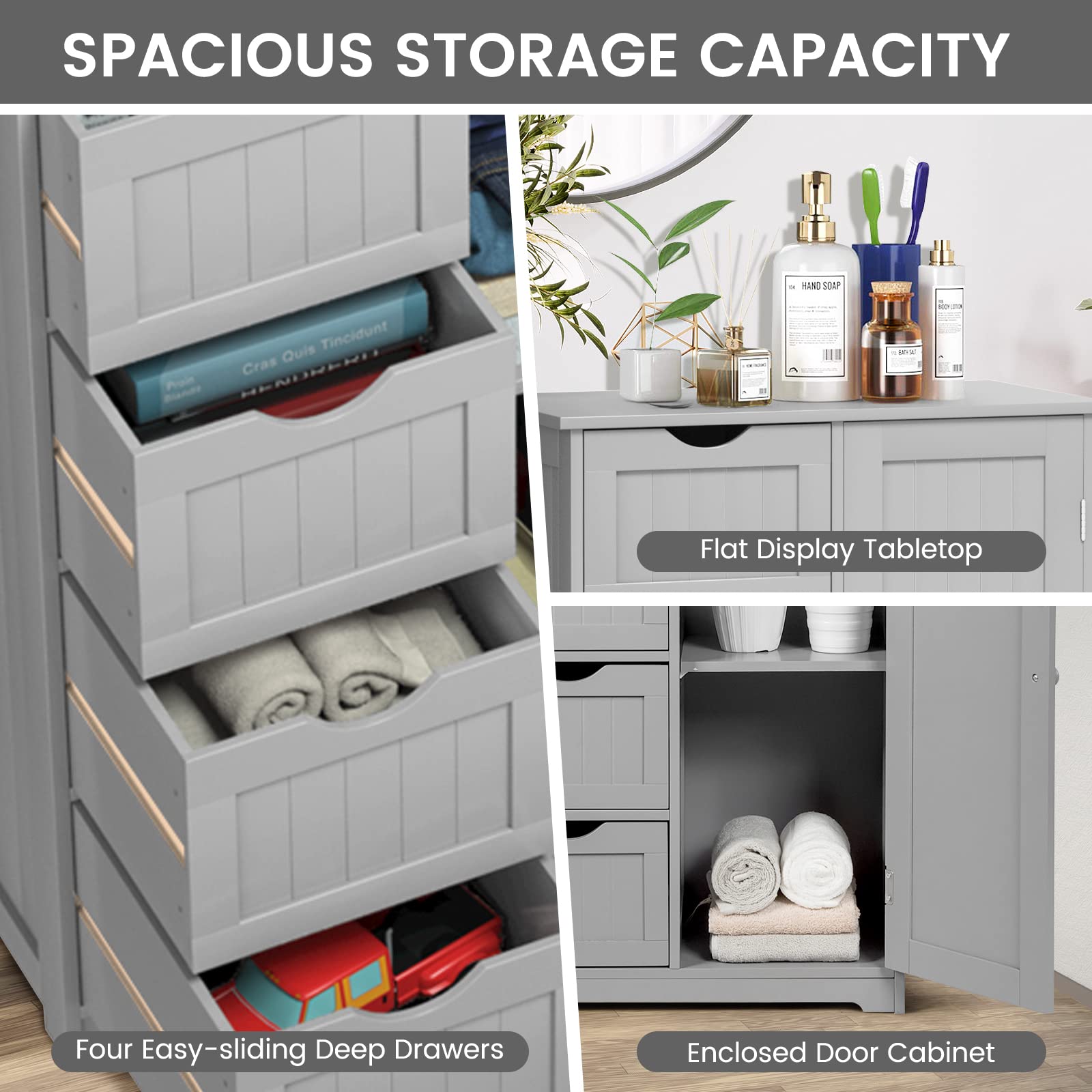 COSTWAY Wooden Bathroom Storage Cabinet - Freestanding 4-Drawer Organizer with Adjustable Shelf, Modern Floor Cabinet for Bathroom, Living Room, Kitchen & Entryway (Grey) | Perfect for Small Space Organization & Home Decor